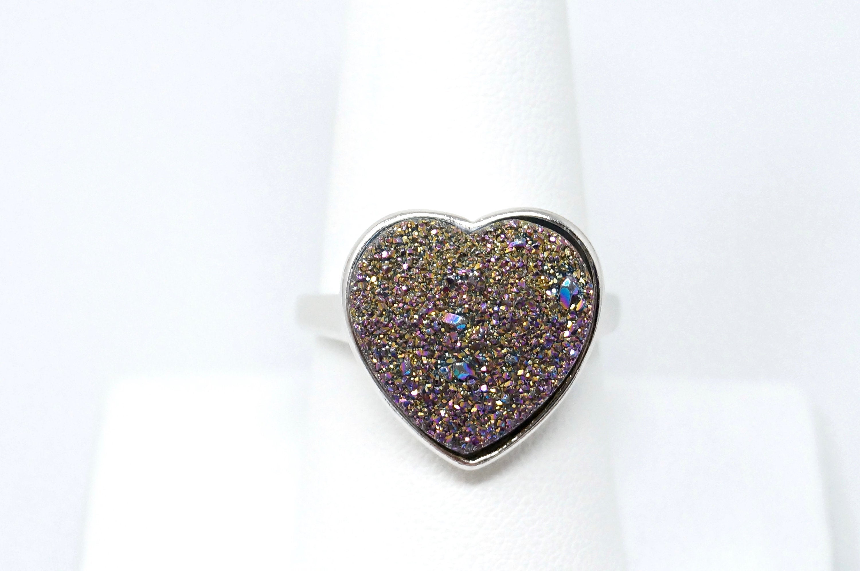 Vintage Rainbow Druzy Quartz Heart Statement Ring Sterling Silver - Size 9