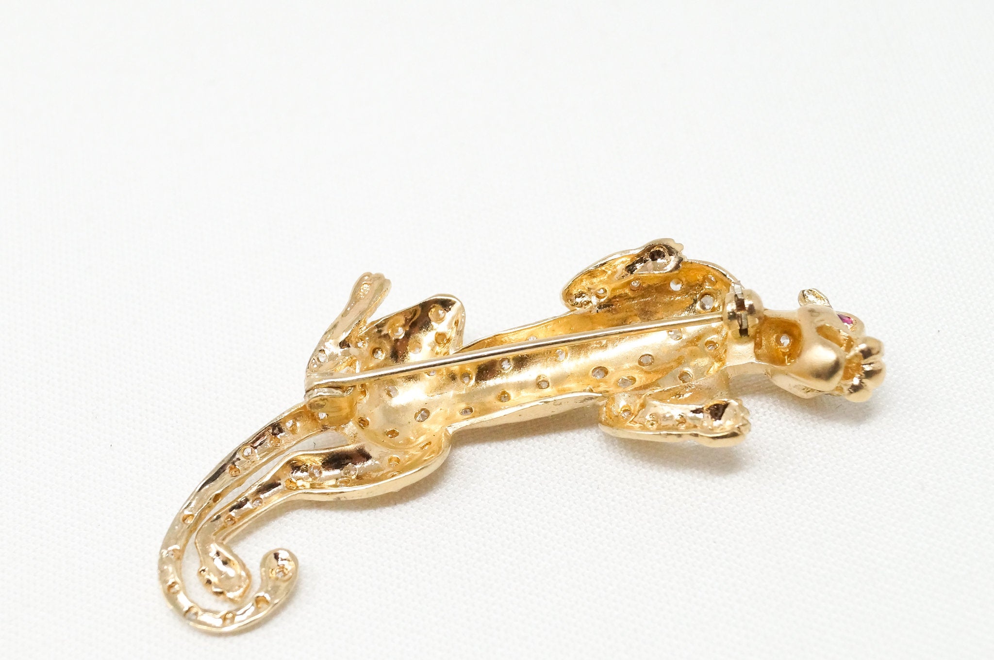 Vintage Gold Vermeil Garnet CZ Cheetah Sterling Silver Brooch Pin