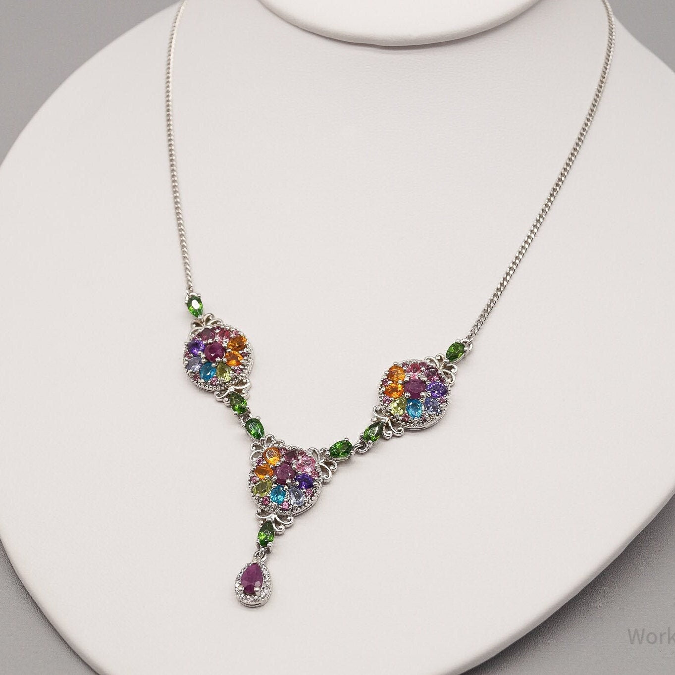 Multi Gemstone Sterling Silver Statement Necklace 18"