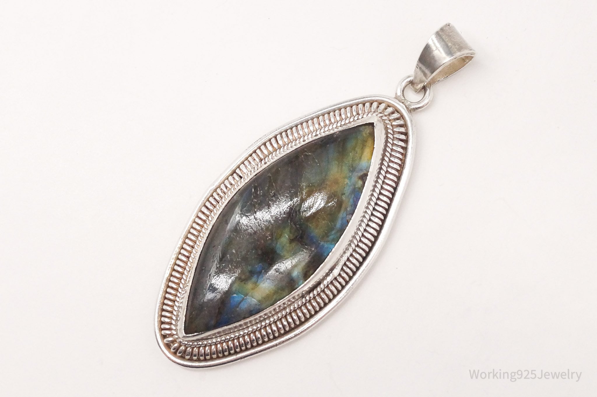 Vintage Long Large Labradorite Sterling Silver Necklace Pendant