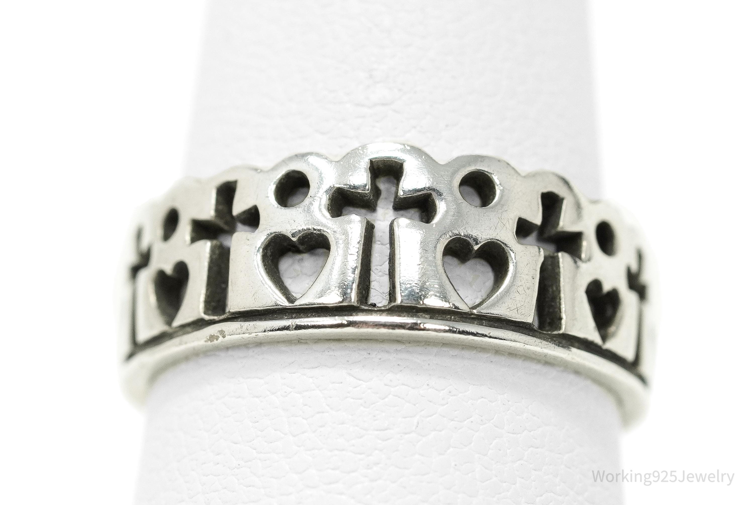 Vintage Hearts & Crosses Silver Ring - Size 7.5