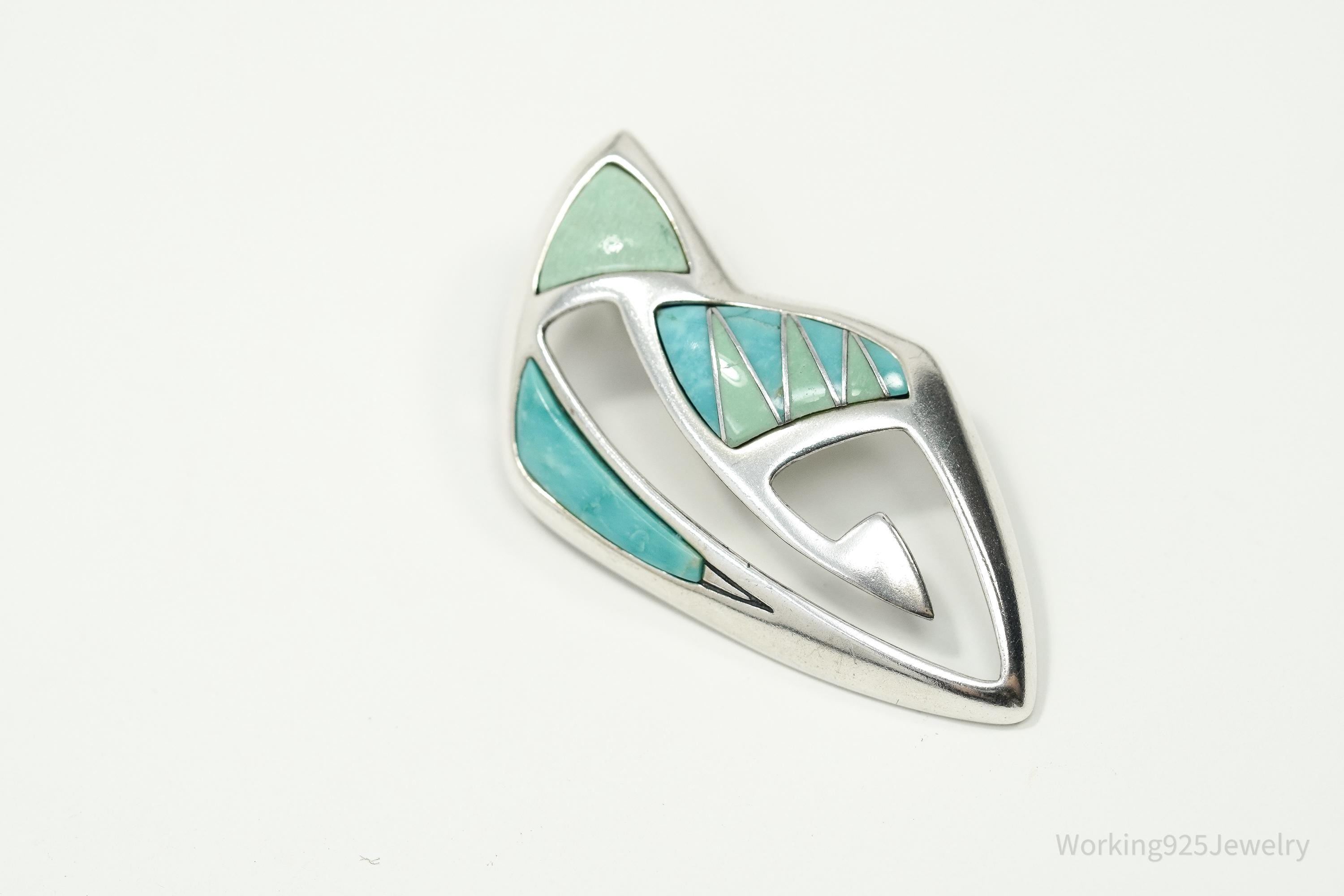VTG Native Designer Carolyn Pollack Relios Turquoise Inlay Sterling Silver Pendant 1 9/16"