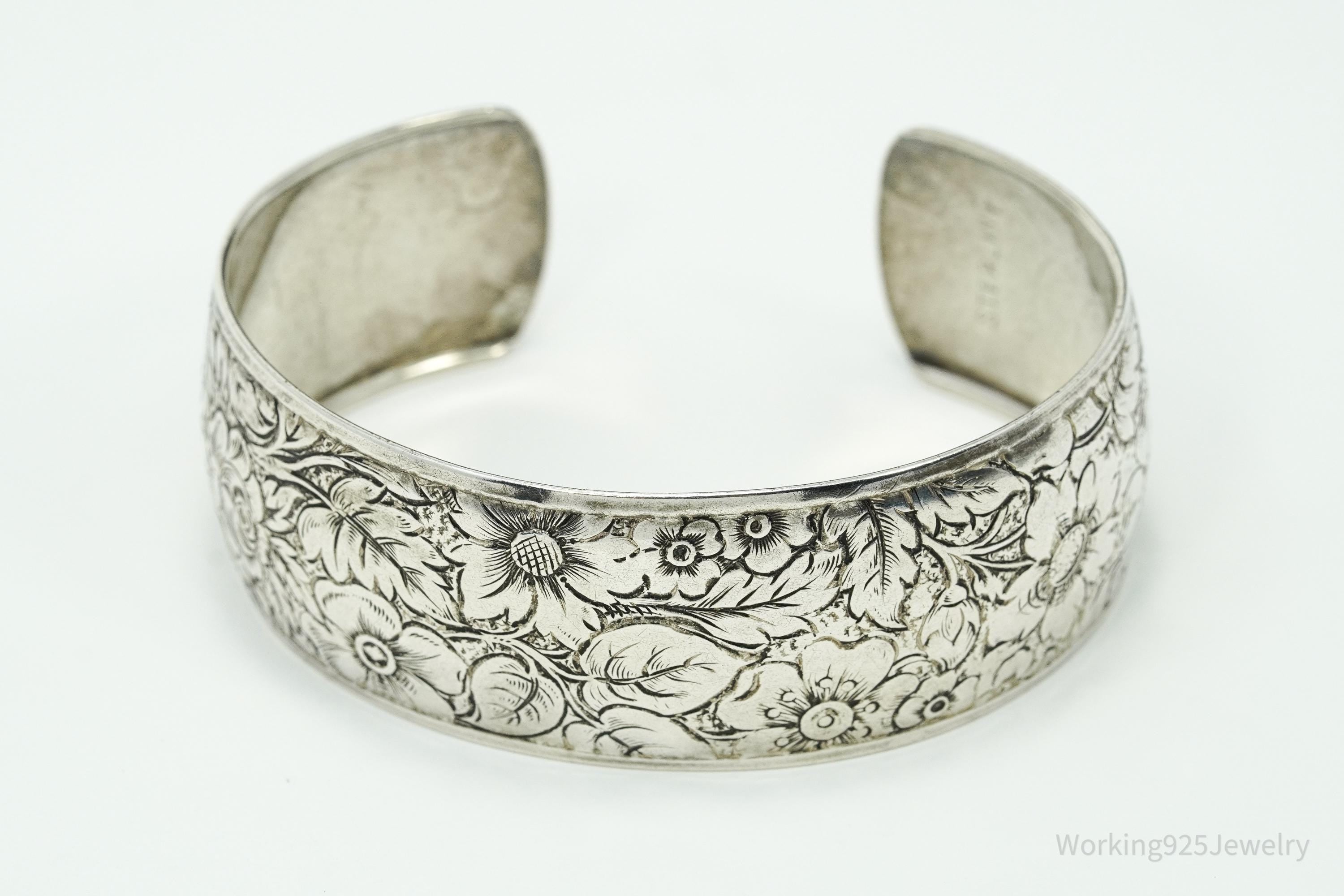 Antique Art Nouveau Floral Pattern Sterling Silver Cuff Bracelet - 7.5"