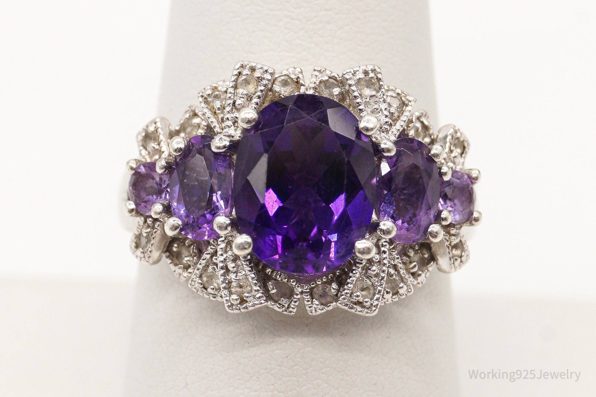 Vintage Amethyst Cubic Zirconia Sterling Silver Ring - Size 7.75