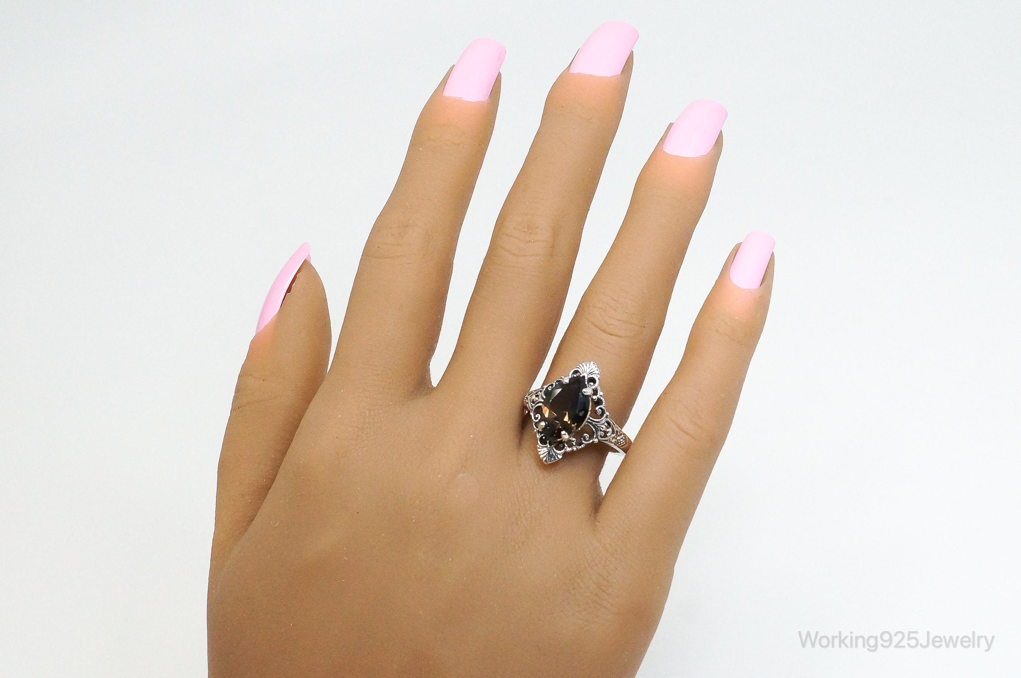 Vintage Designer CNA Smoky Topaz Scroll Sterling Silver Ring - SZ 9