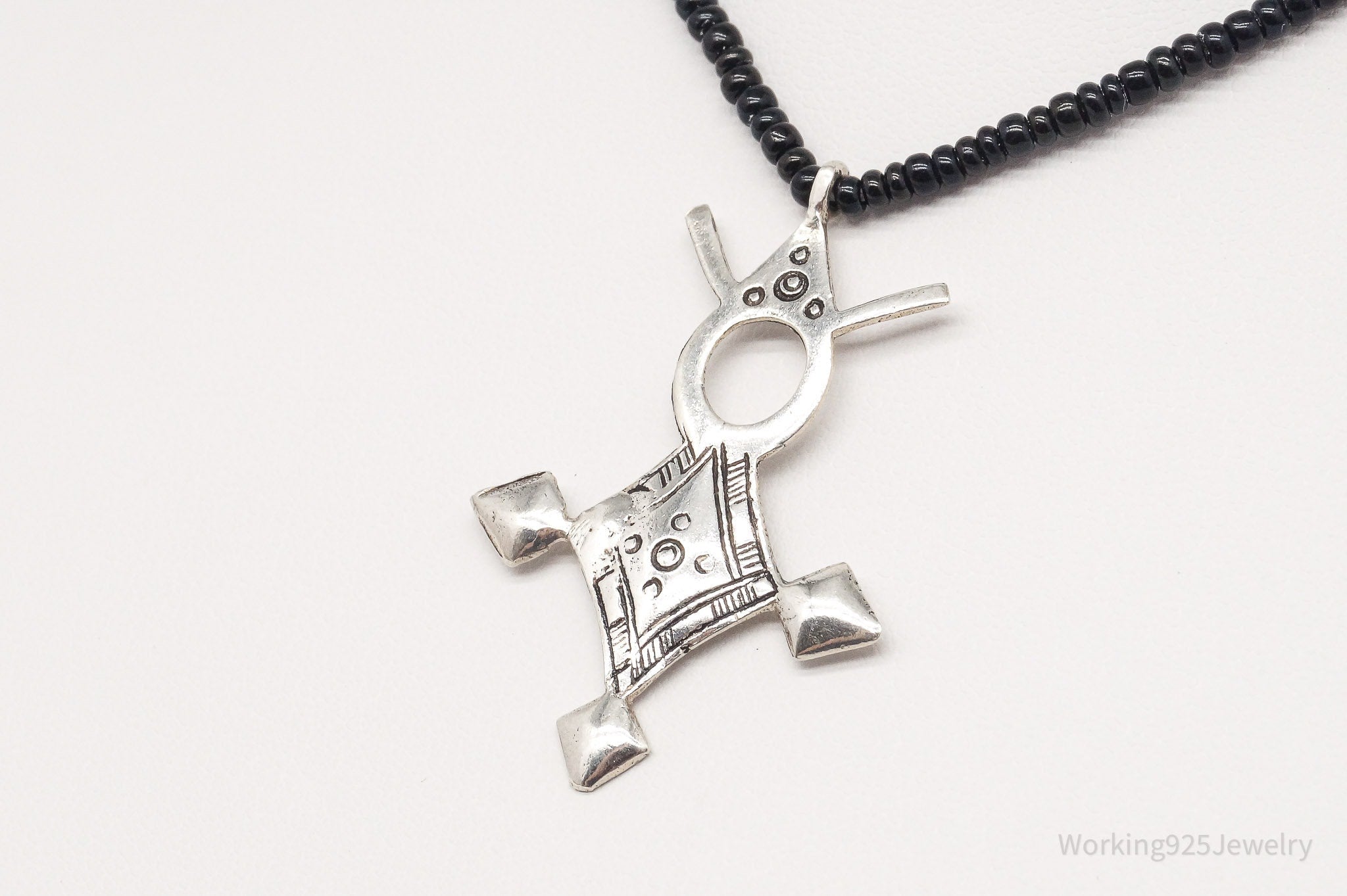 Vintage Large Silver Southern Cross Black Bead Necklace 18"