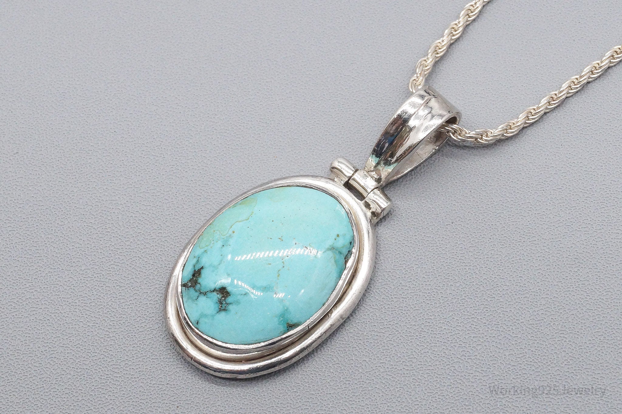 Vintage Large Blue Turquoise Pendant Sterling Silver Necklace 30"