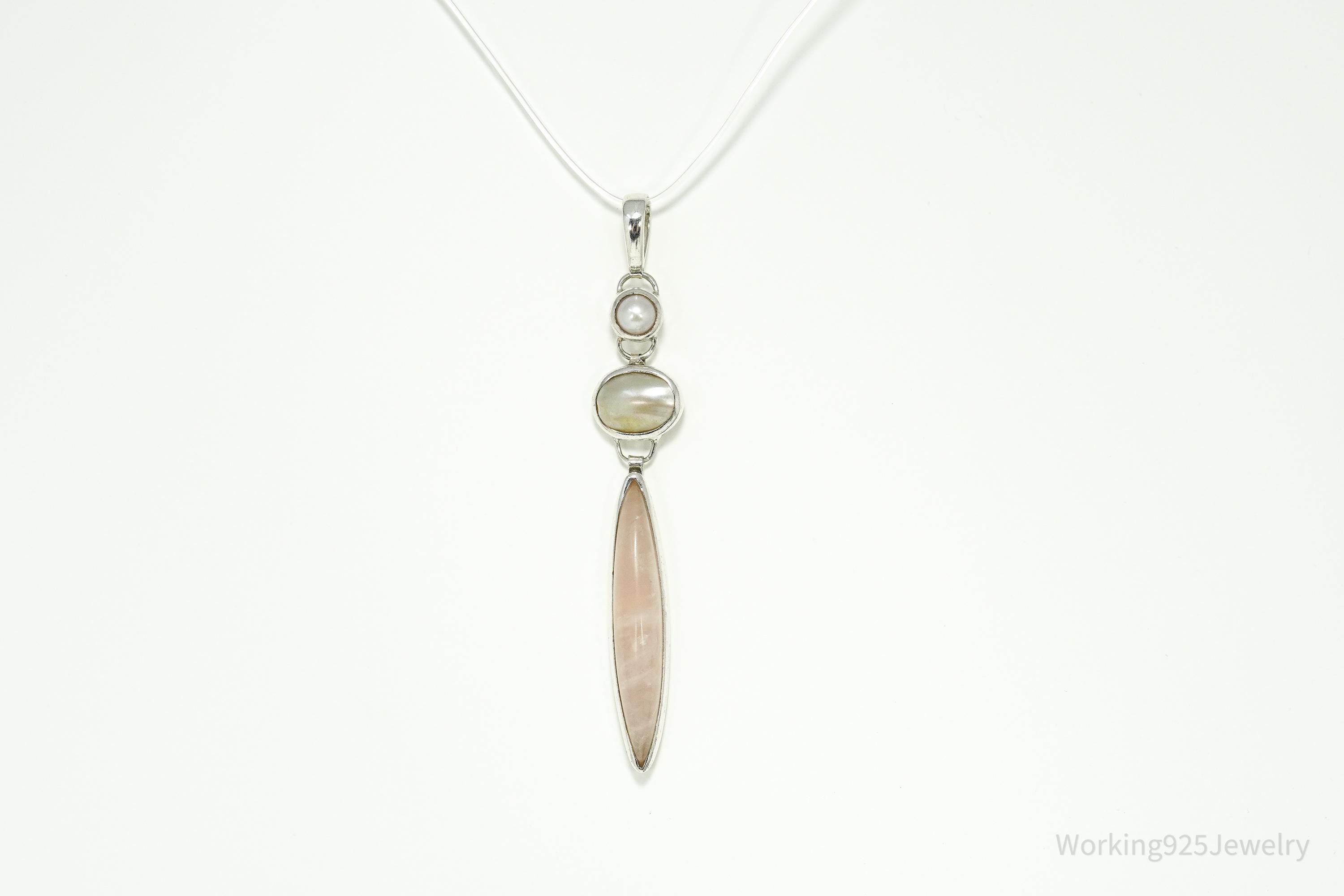 Vintage Rose Quartz Mother Of Pearl & Pearl Sterling Silver Pendant