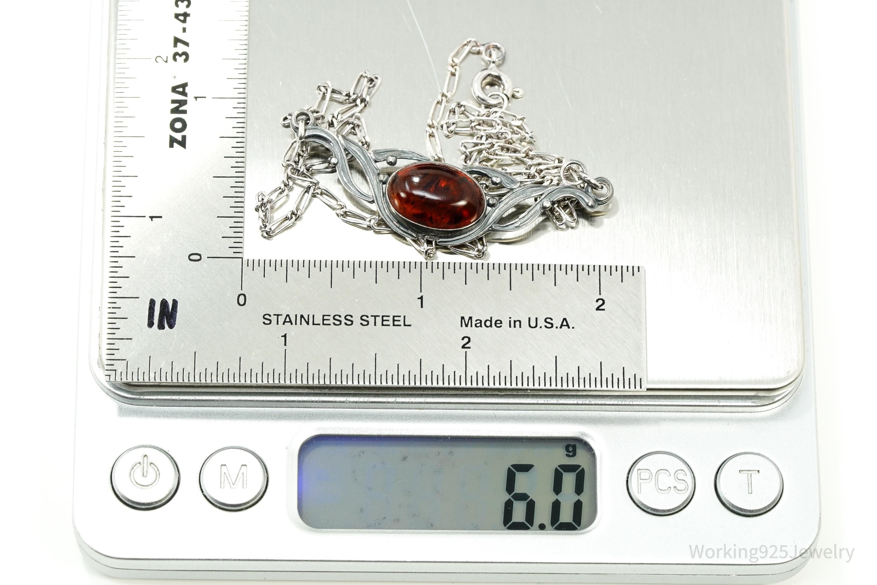 Vintage Amber Sterling Silver Necklace 16"