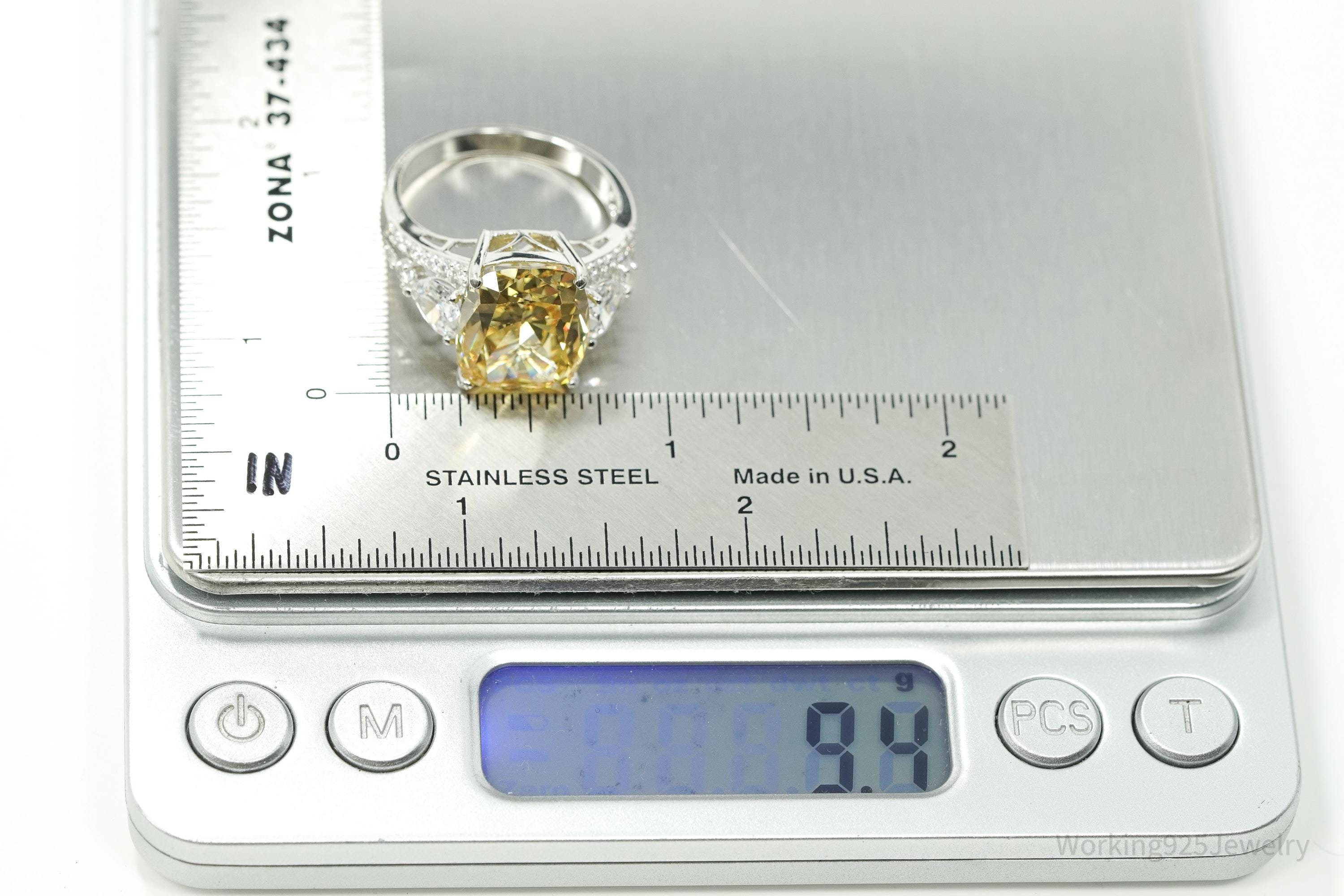 Vintage Large Yellow & White Cubic Zirconia Sterling Silver Ring - Size 10.25