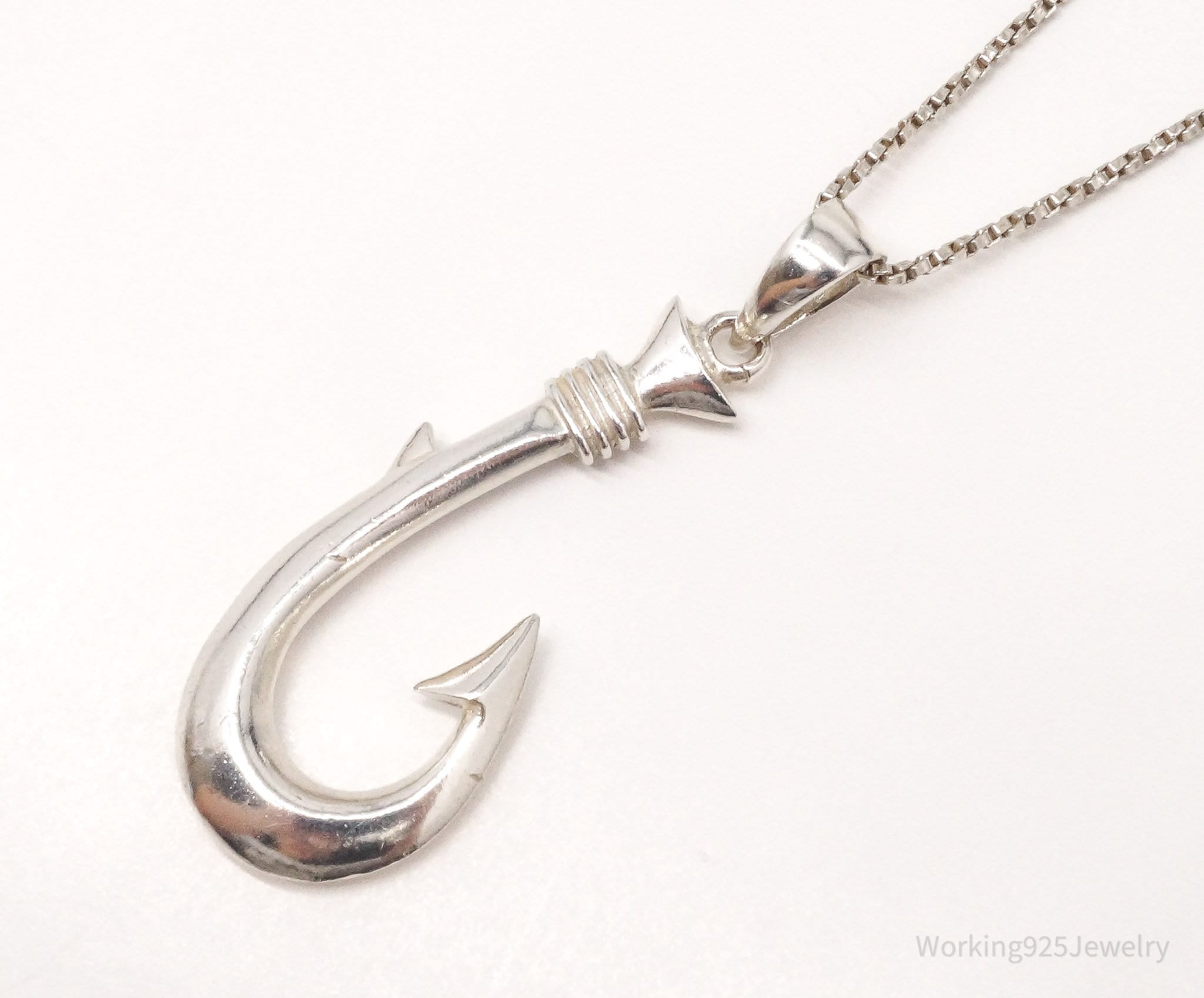 Vintage Large Hawaiian Fish Hook Sterling Silver Necklace 20"