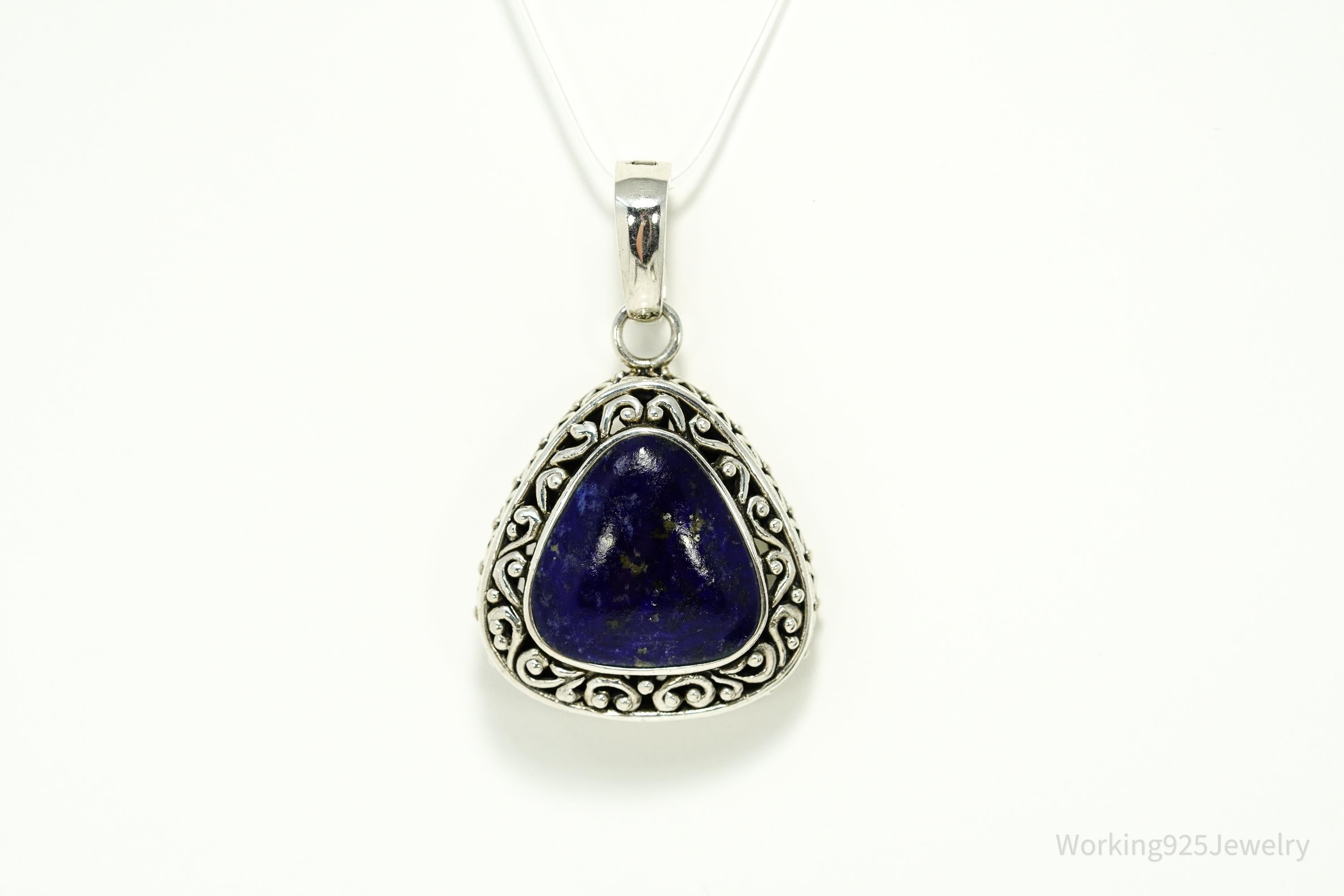 Large Vintage Lapis Lazuli Silver Necklace Pendant