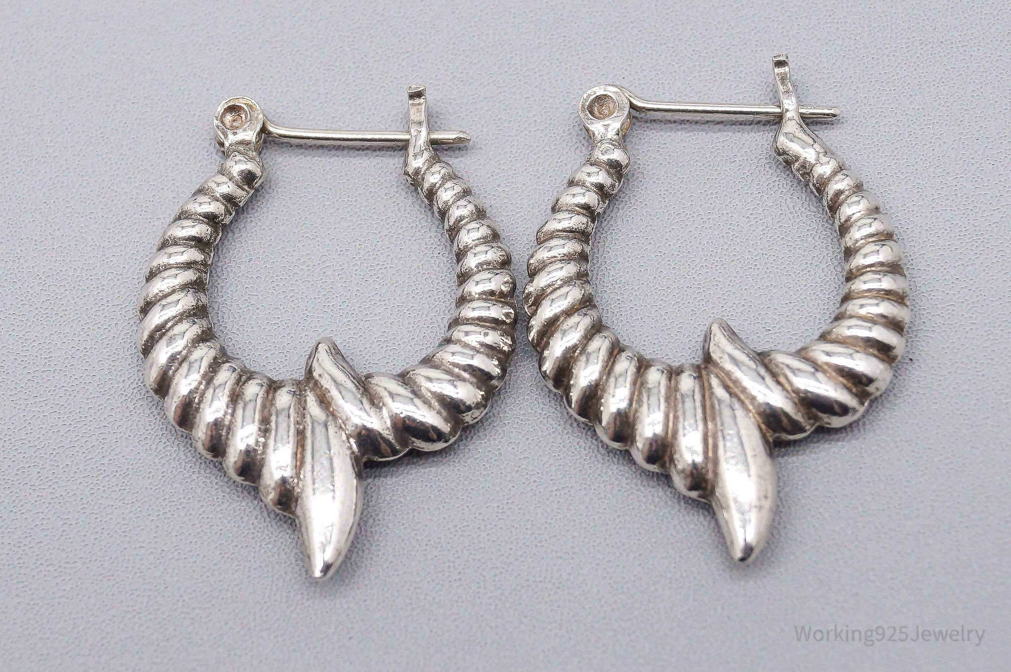 Vintage Puffy Ribbed Modernist Style Silver Hoop Earrings