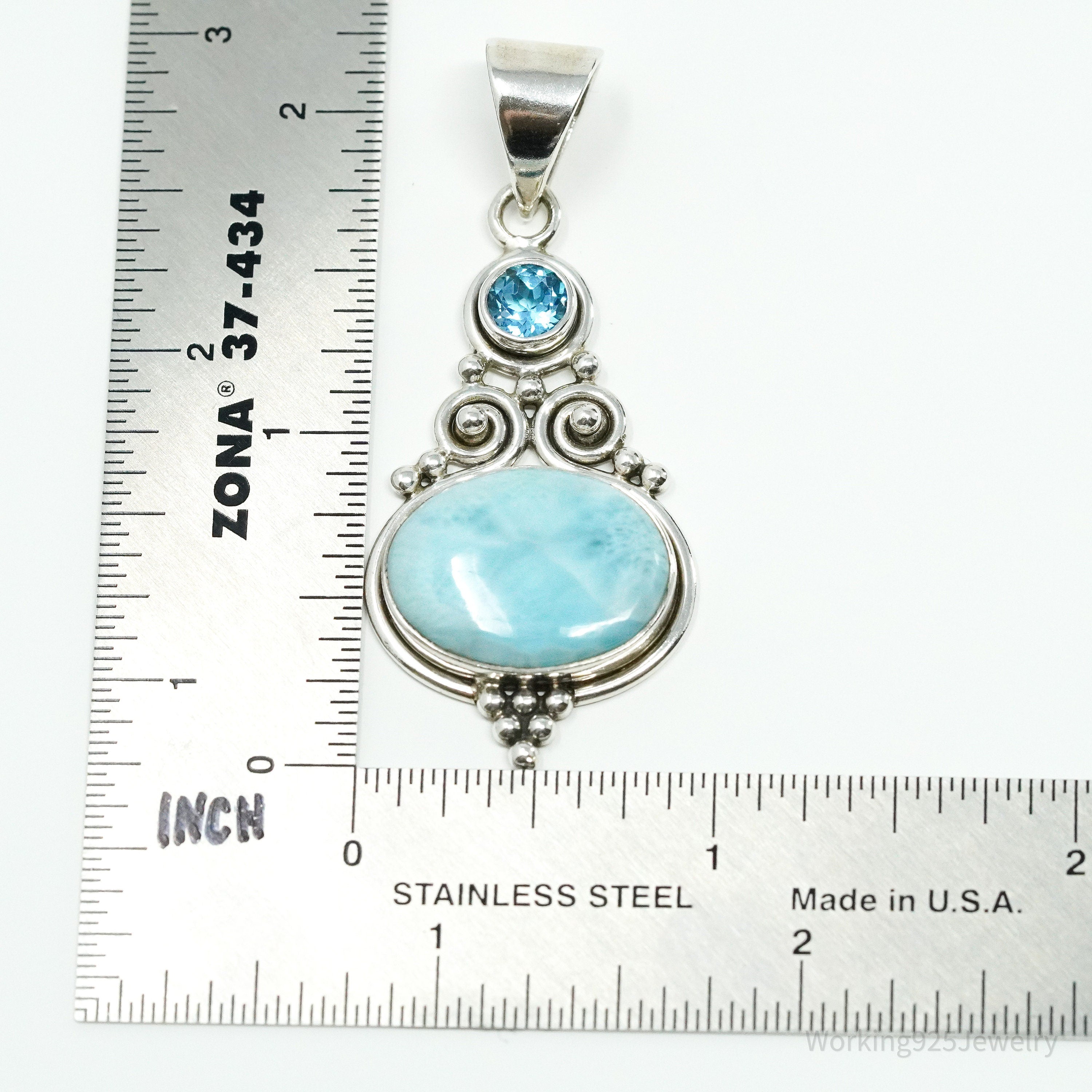 Vintage Designer SJ Blue Larimar & Blue Topaz Sterling Silver Pendant