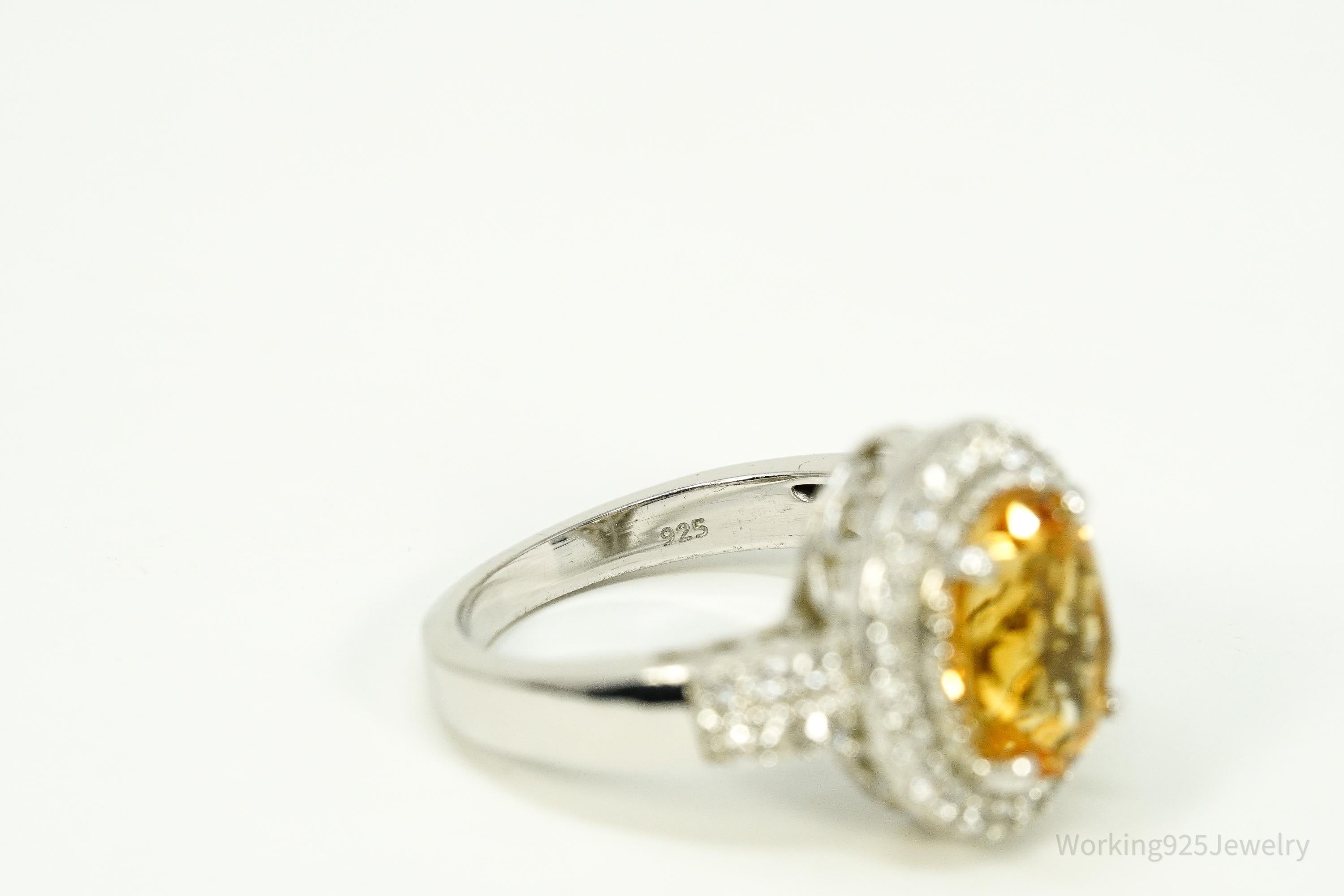 Vintage Large Citrine & Cubic Zirconia Sterling Silver Statement Ring - Size 8