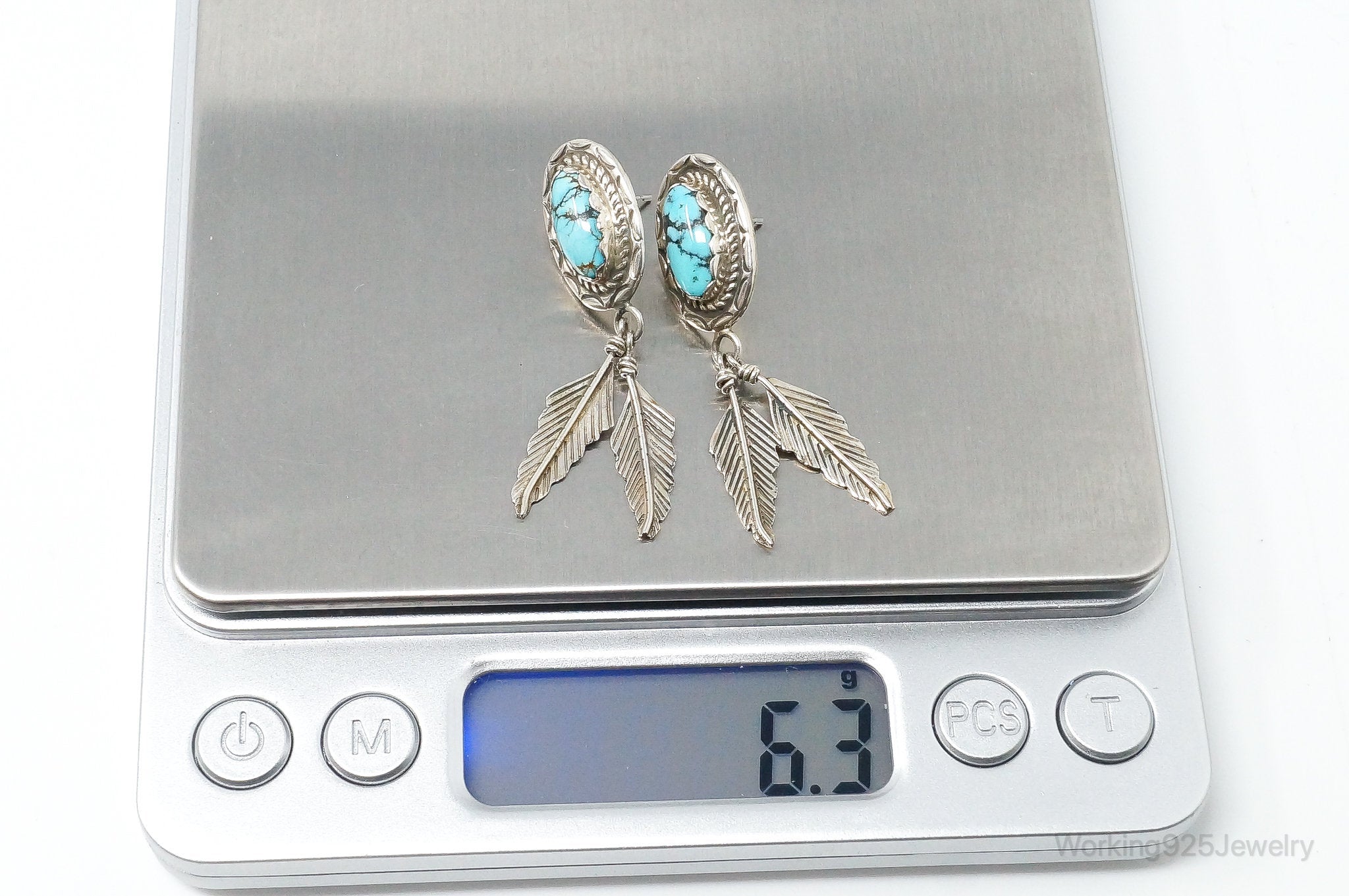 Vintage Native American Designer SY Turquoise Sterling Silver Earrings