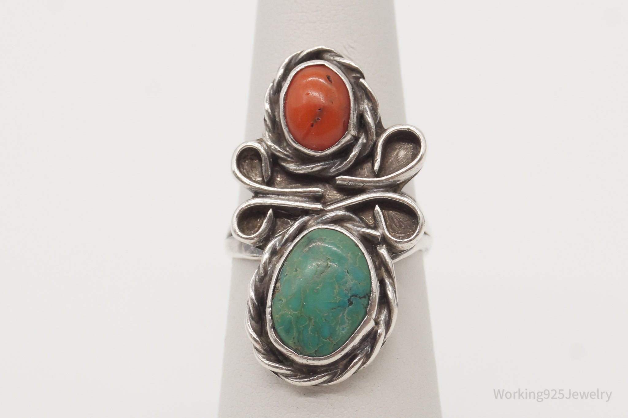 Vintage Native American Turquoise Coral Unsigned Silver Ring - SZ 5.75