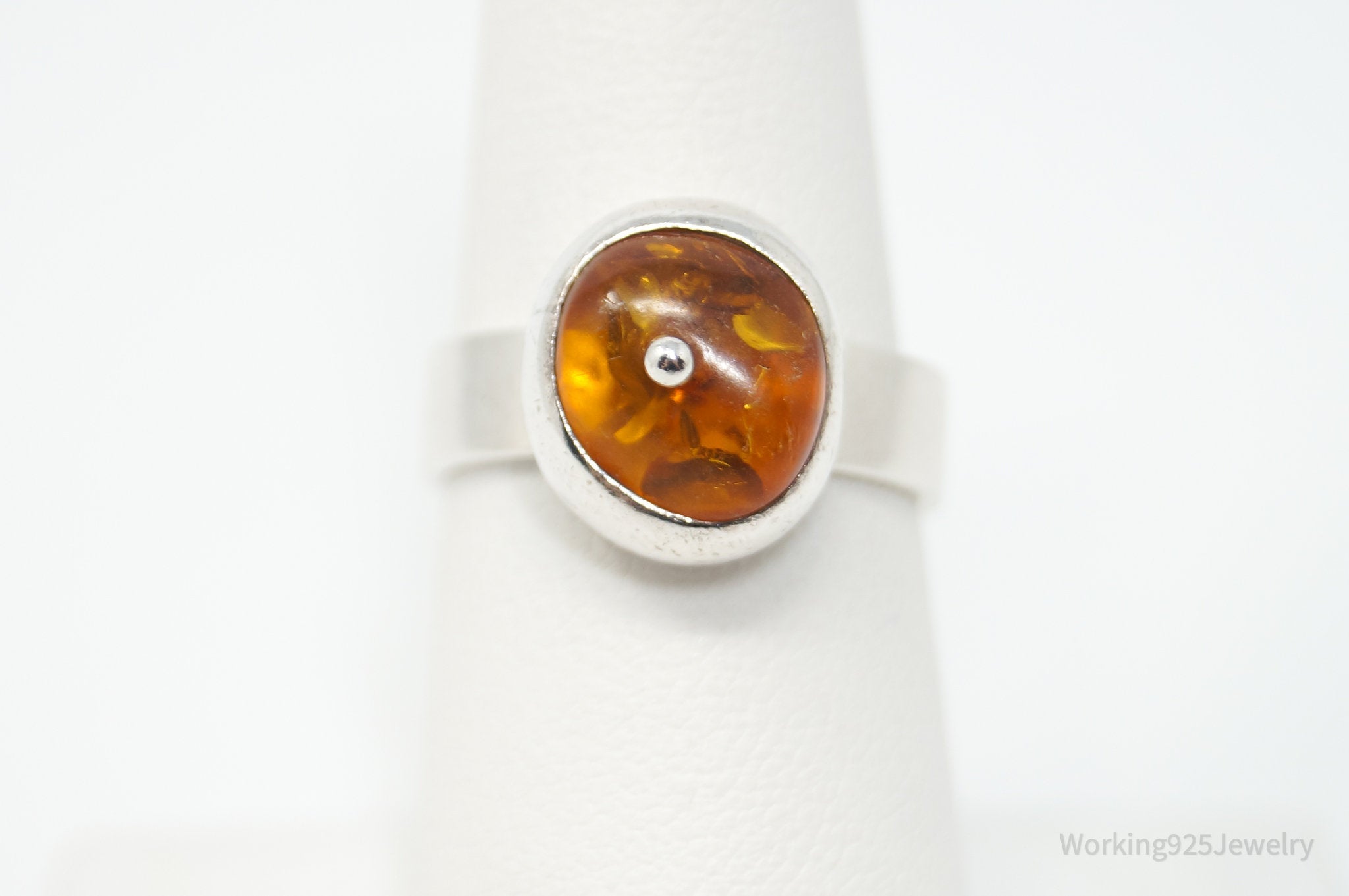 Vintage Unique Baltic Amber Sterling Silver Dot Ring - Size 7