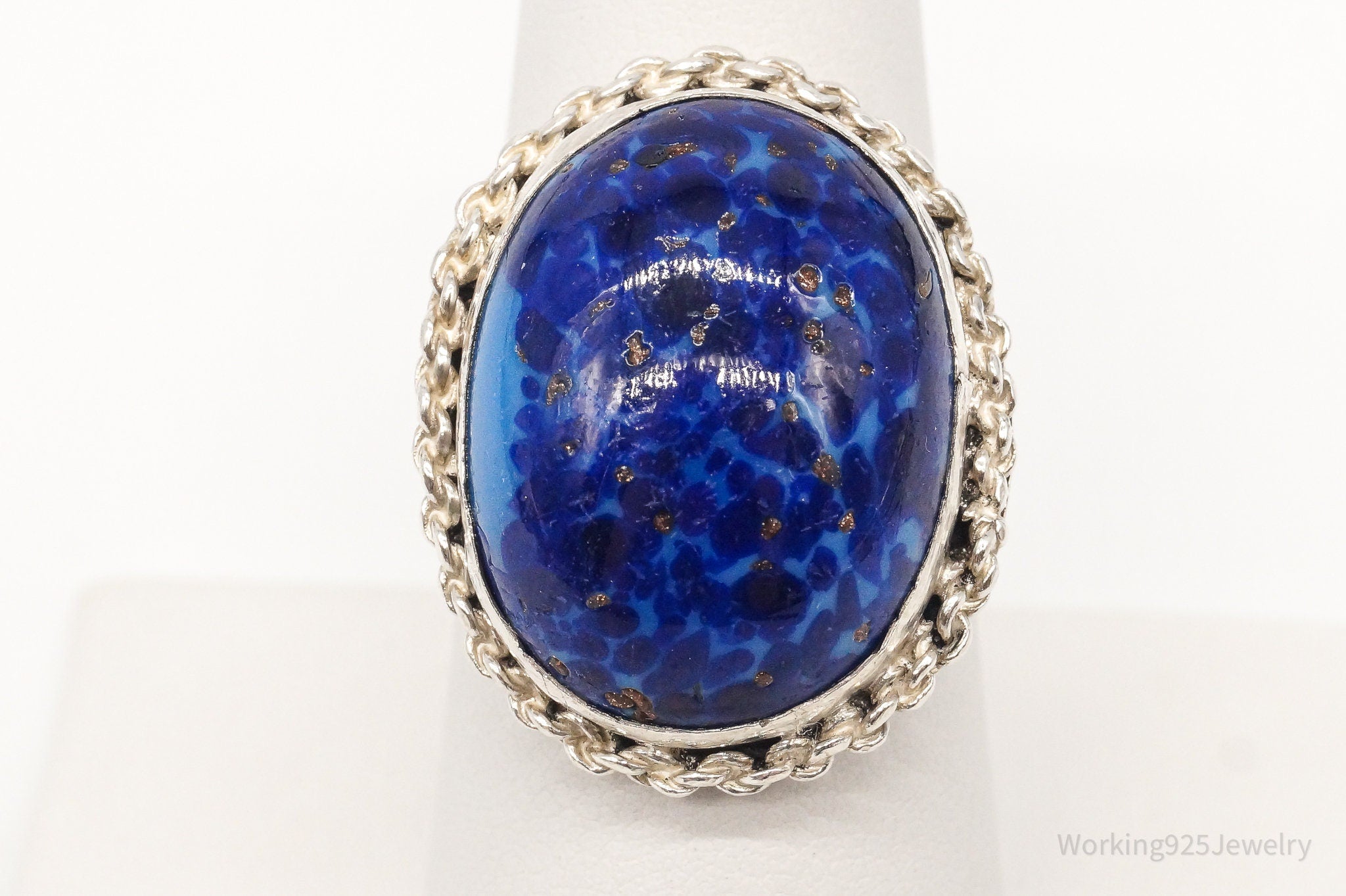 Vintage Large Blue Art Glass 950 Silver Statement Ring - Size 7.75