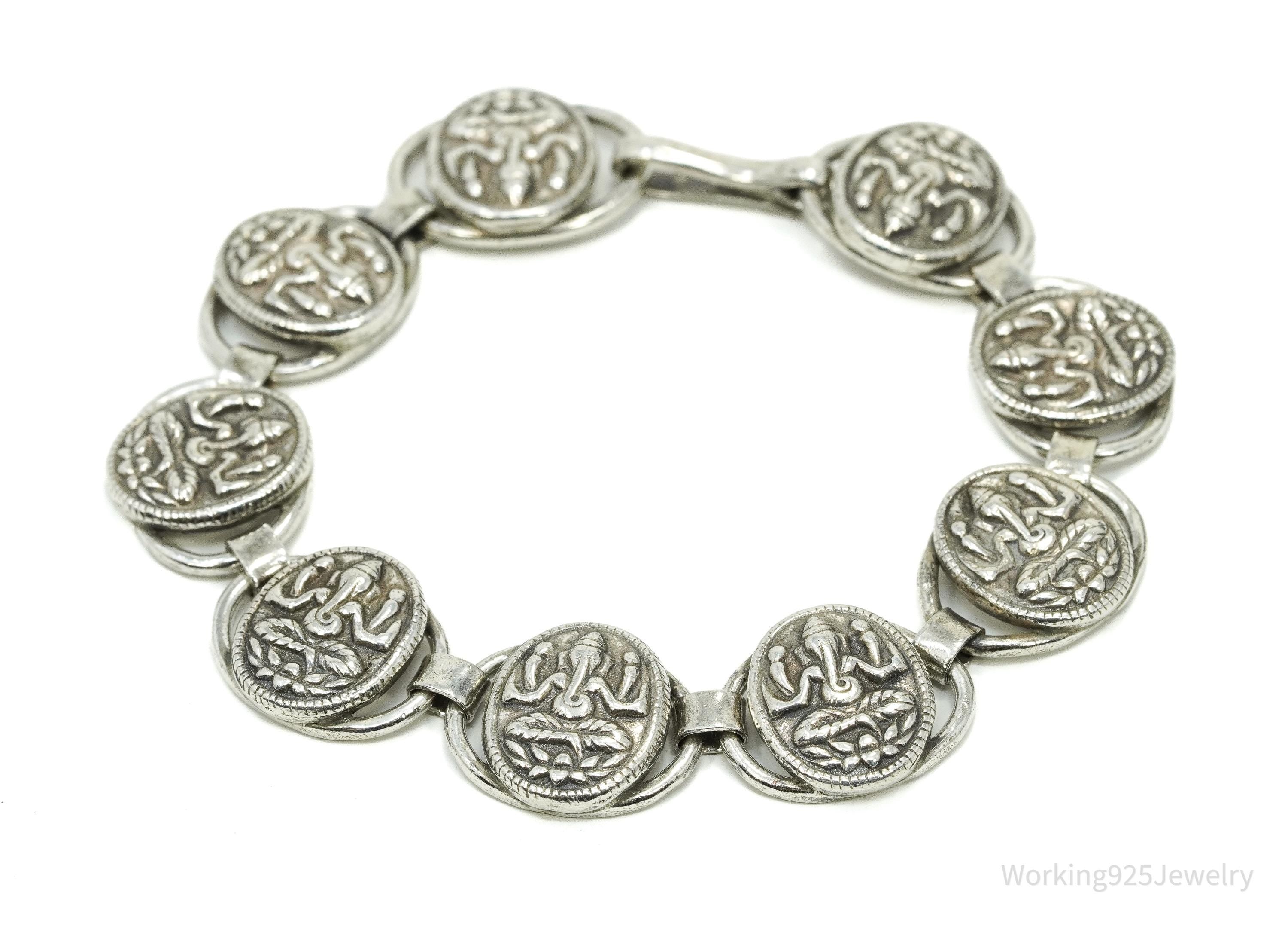 Vintage Ganesha Sterling Silver Bracelet 7.25"