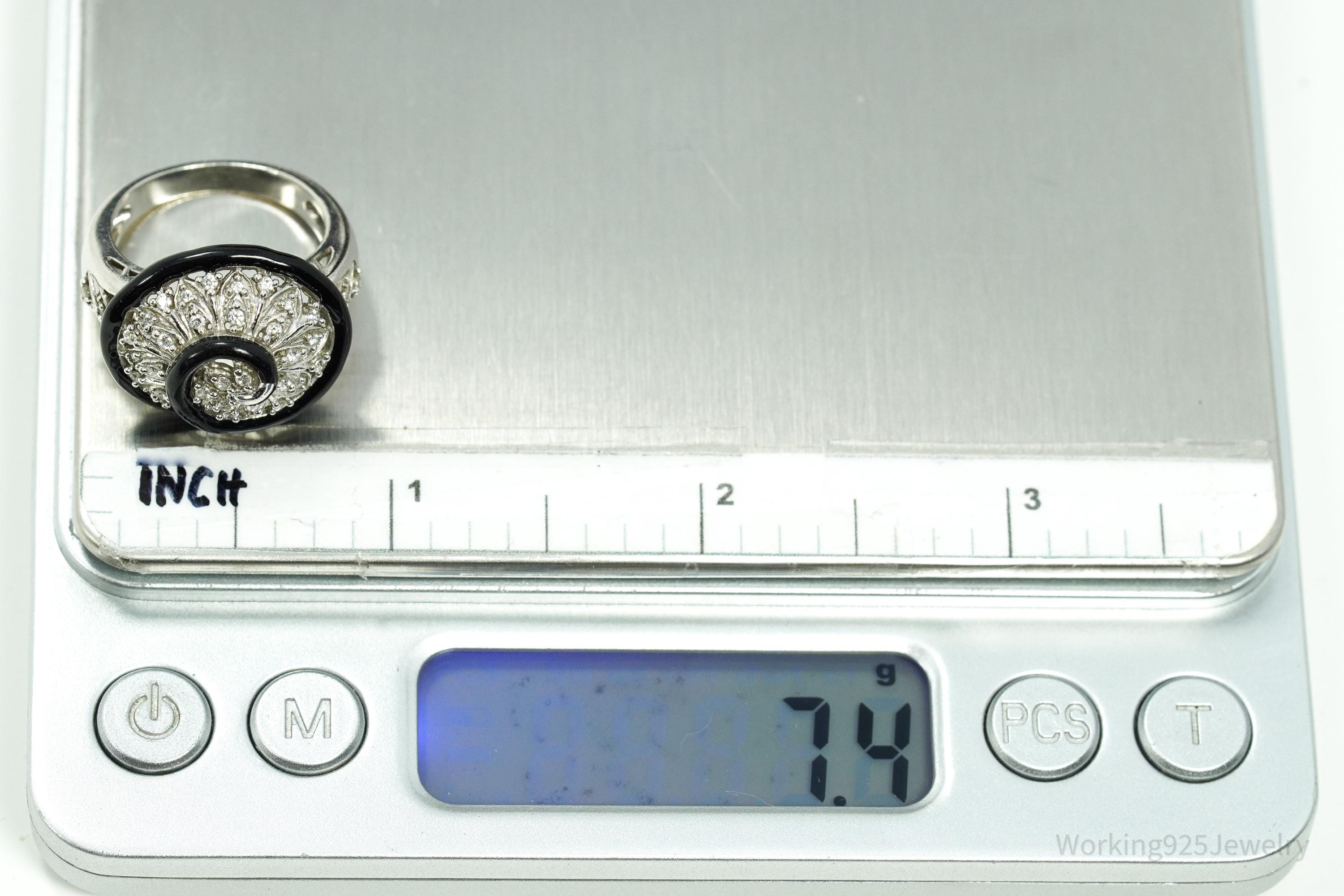 Vintage Designer Cubic Zirconia & Enamel Spiral Sterling Silver Ring - Size 7