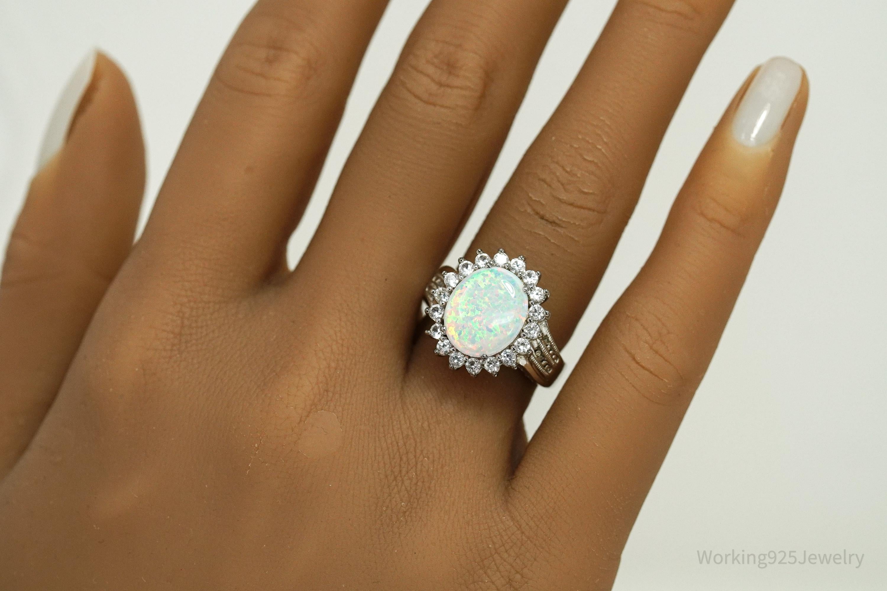 Vintage JWBR Opal, Diamond, & White Topaz Sterling Silver Ring - Size 7