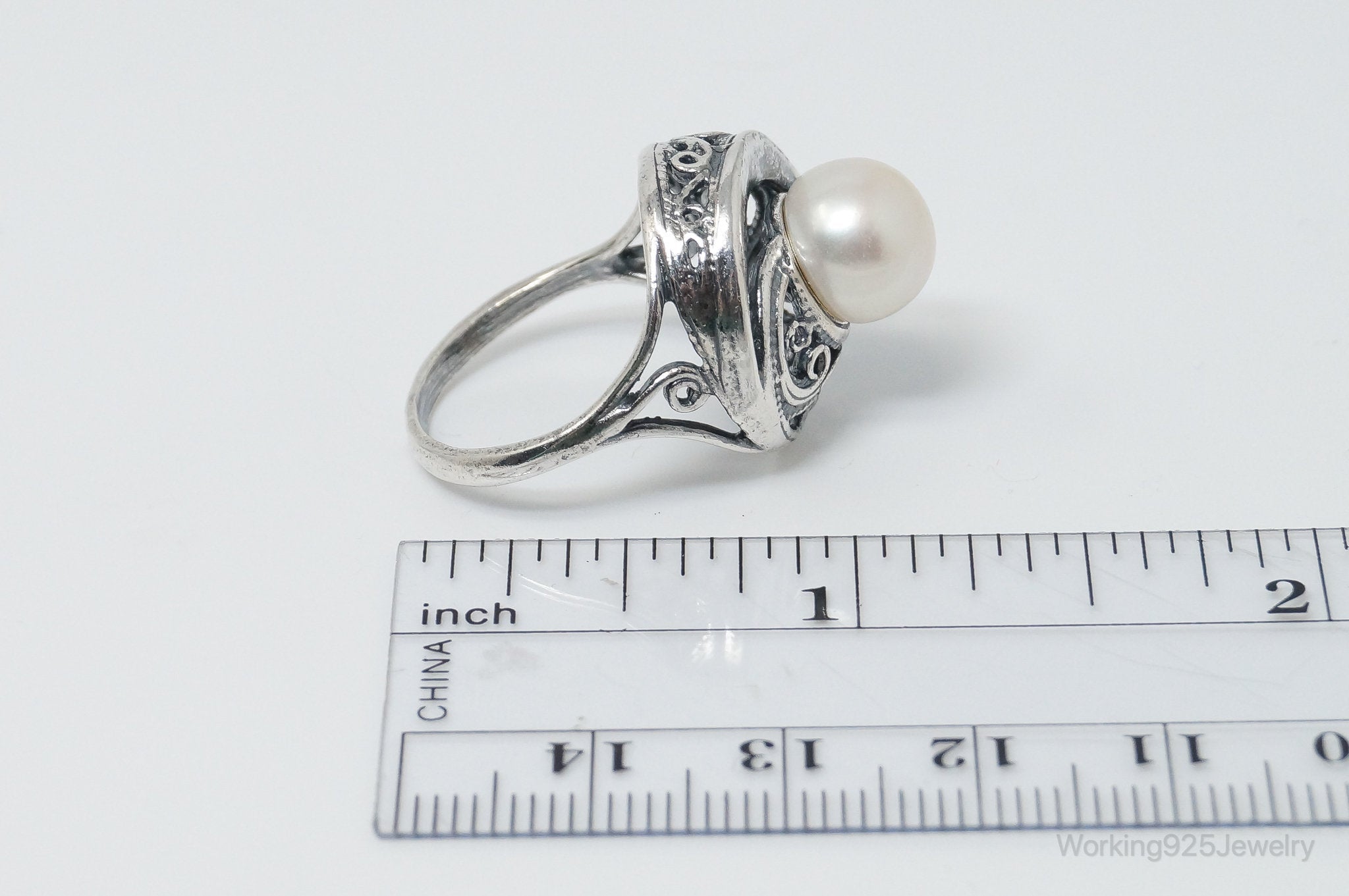 Vintage Pearl Scroll Sterling Silver Ring - Size 8