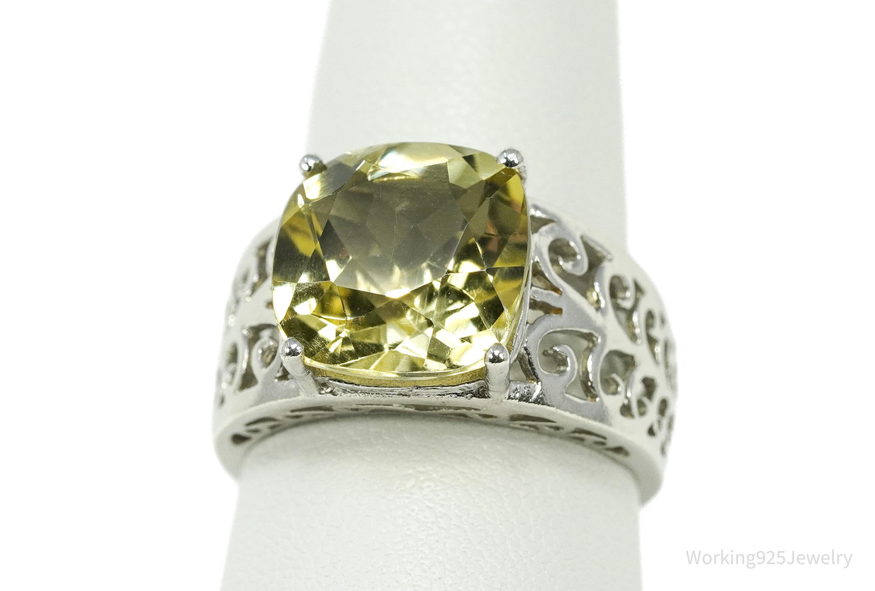 Vintage Large Lemon Citrine Sterling Silver Ring - Size 9