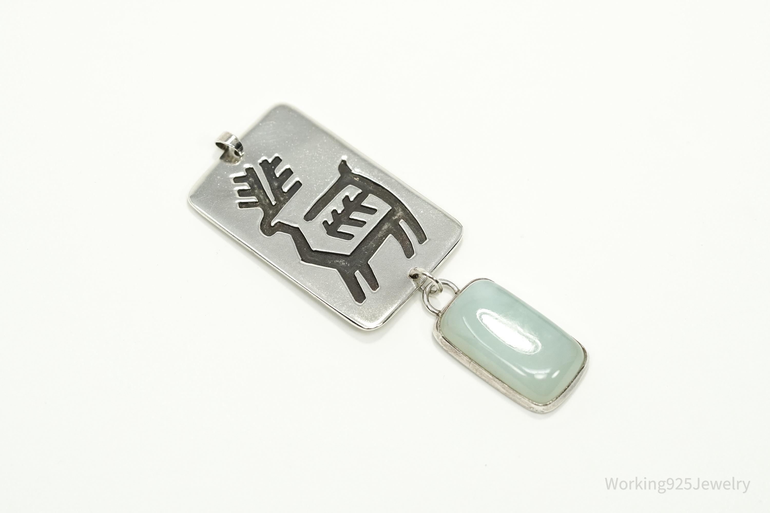 Large Vintage Native American Aqua Chalcedony Sterling Silver Pendant 2.75"