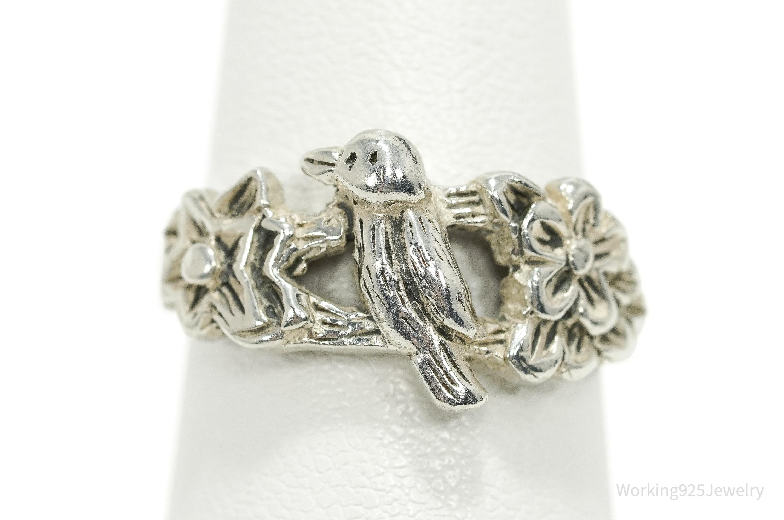 Vintage Bird & Flowers Sterling Silver Ring - Size 6.75
