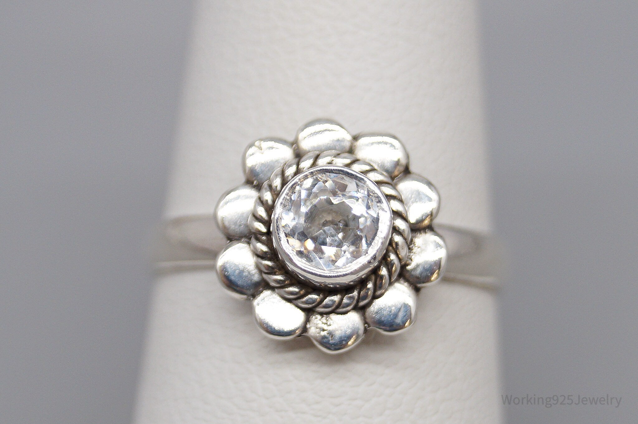 Vintage White Topaz Sterling Silver Flower Ring - Size 6.75