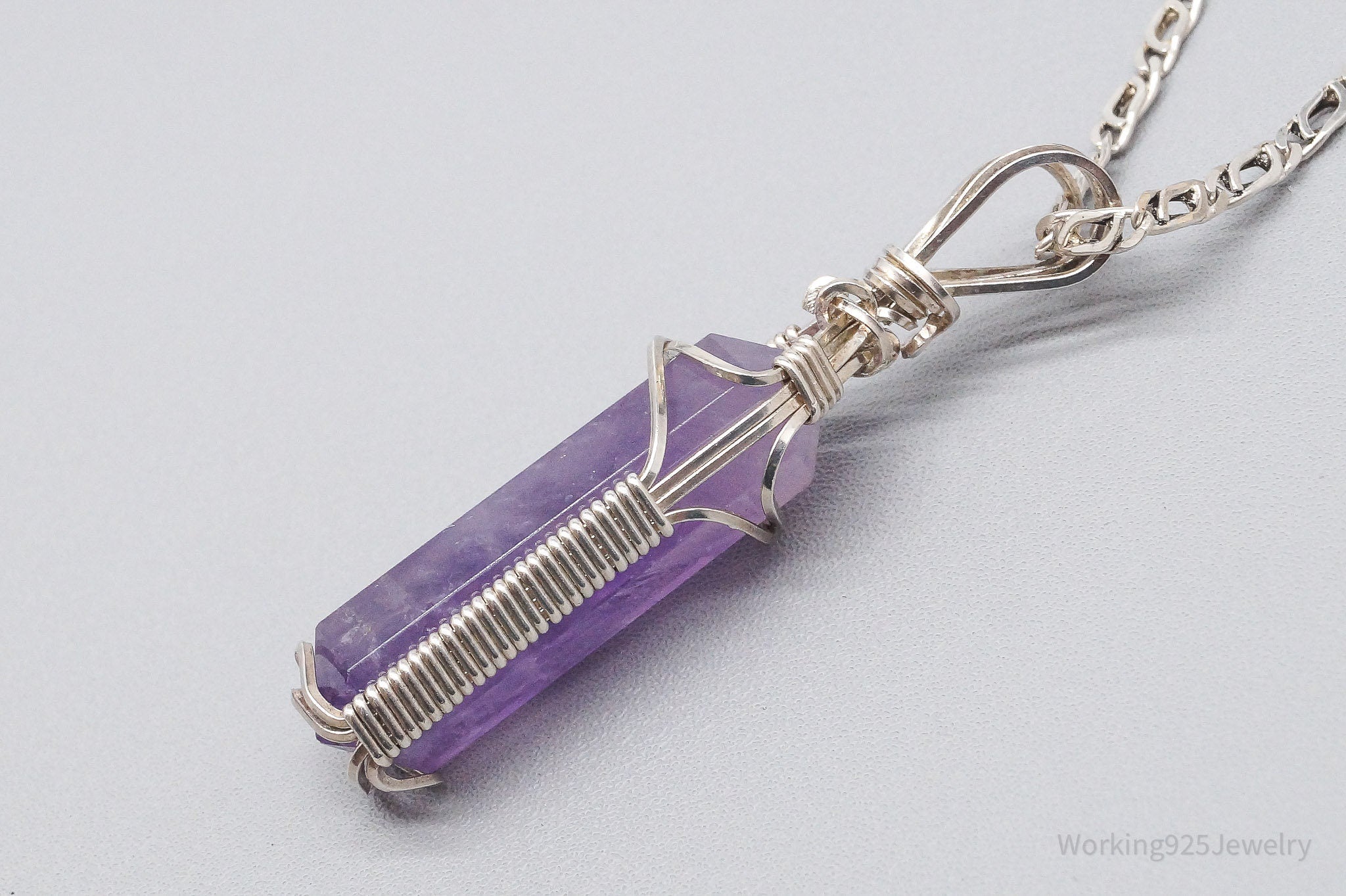 Vintage Amethyst Crystal Sterling Silver Necklace 2"