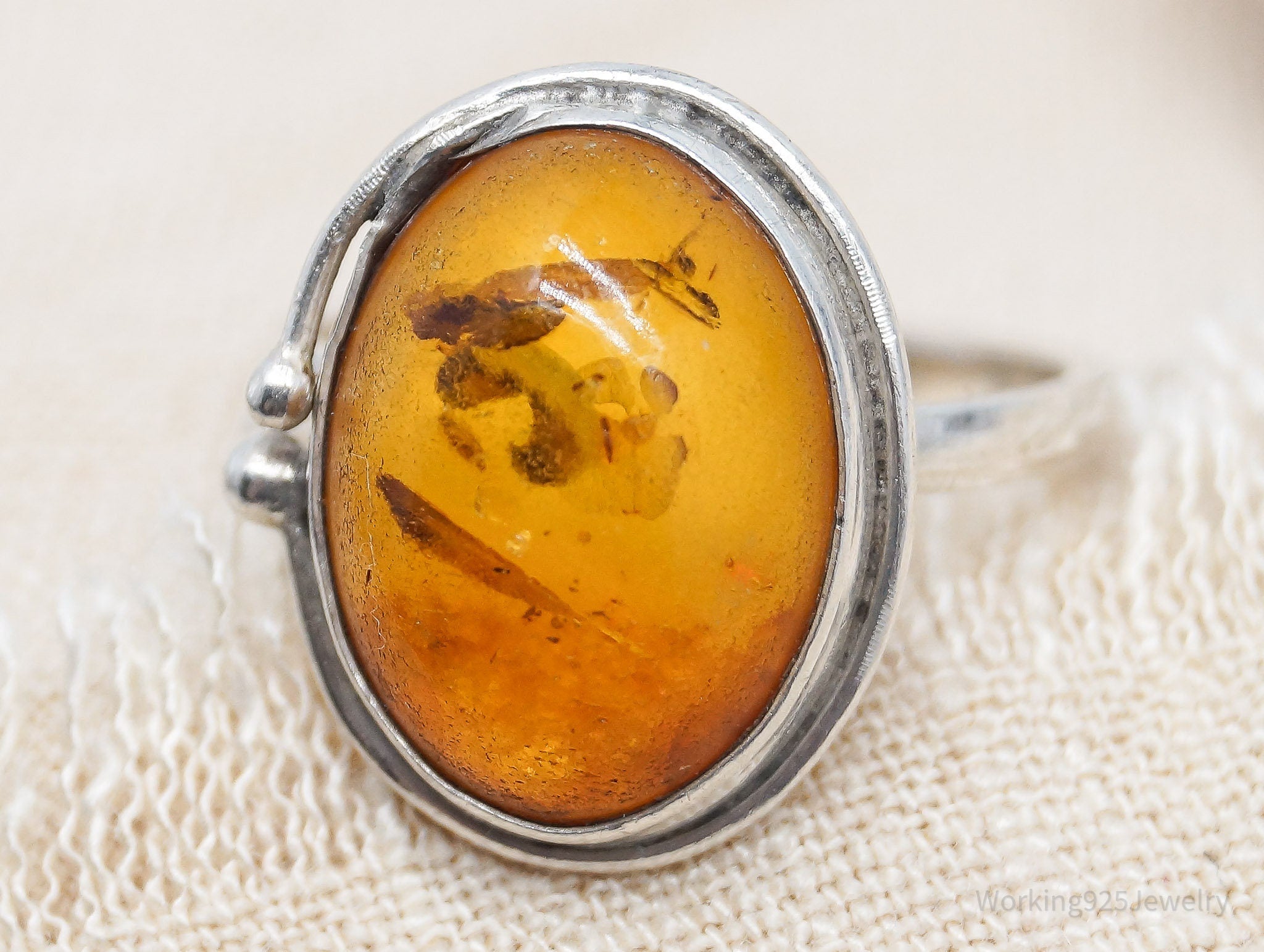 Vintage Amber Silver Ring - Size 7.5