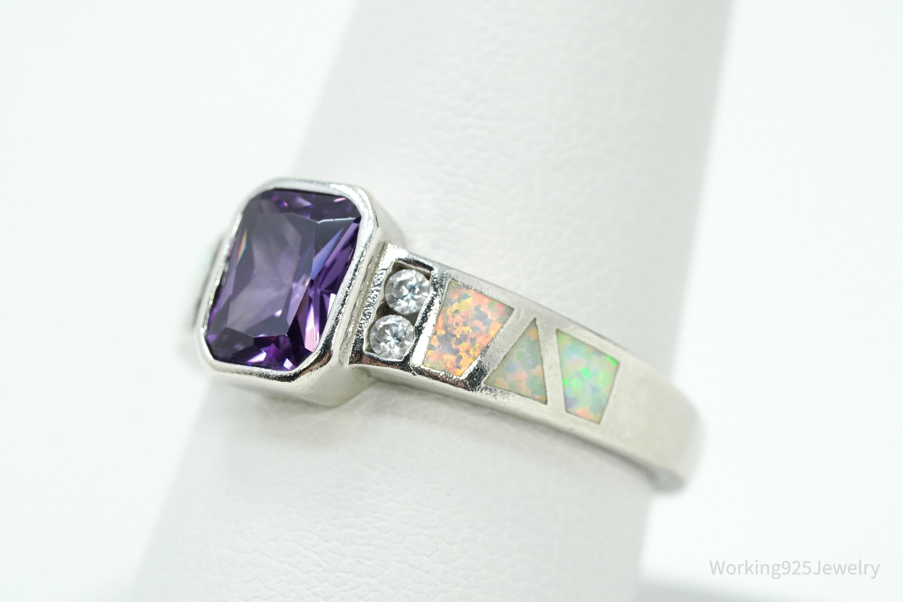 Vintage Amethyst Cubic Zirconia Opal Sterling Silver Ring - Size 8.75