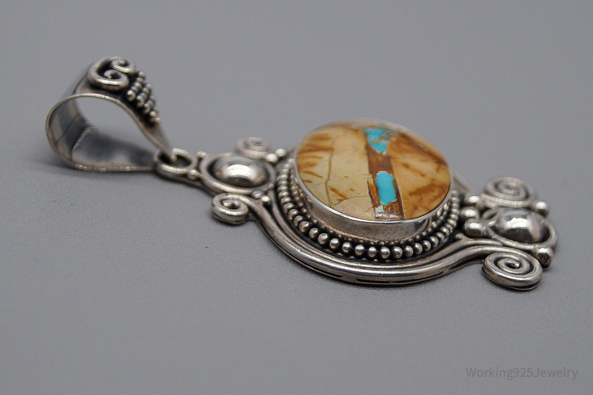 Large Vintage BNY Jasper With Hint Of Turquoise Sterling Silver Pendant