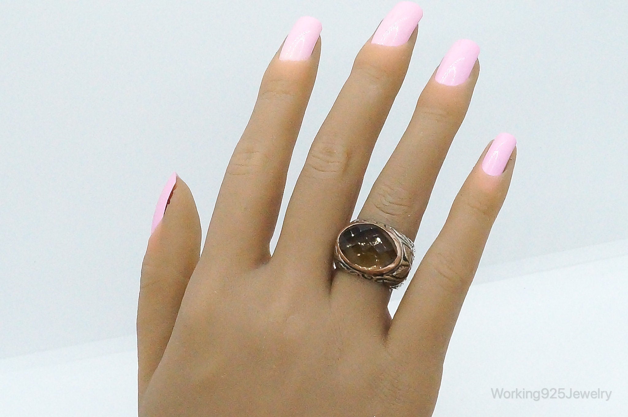 Vintage Large Smoky Topaz 14K Gold Sterling Silver Ring - Size 7.25