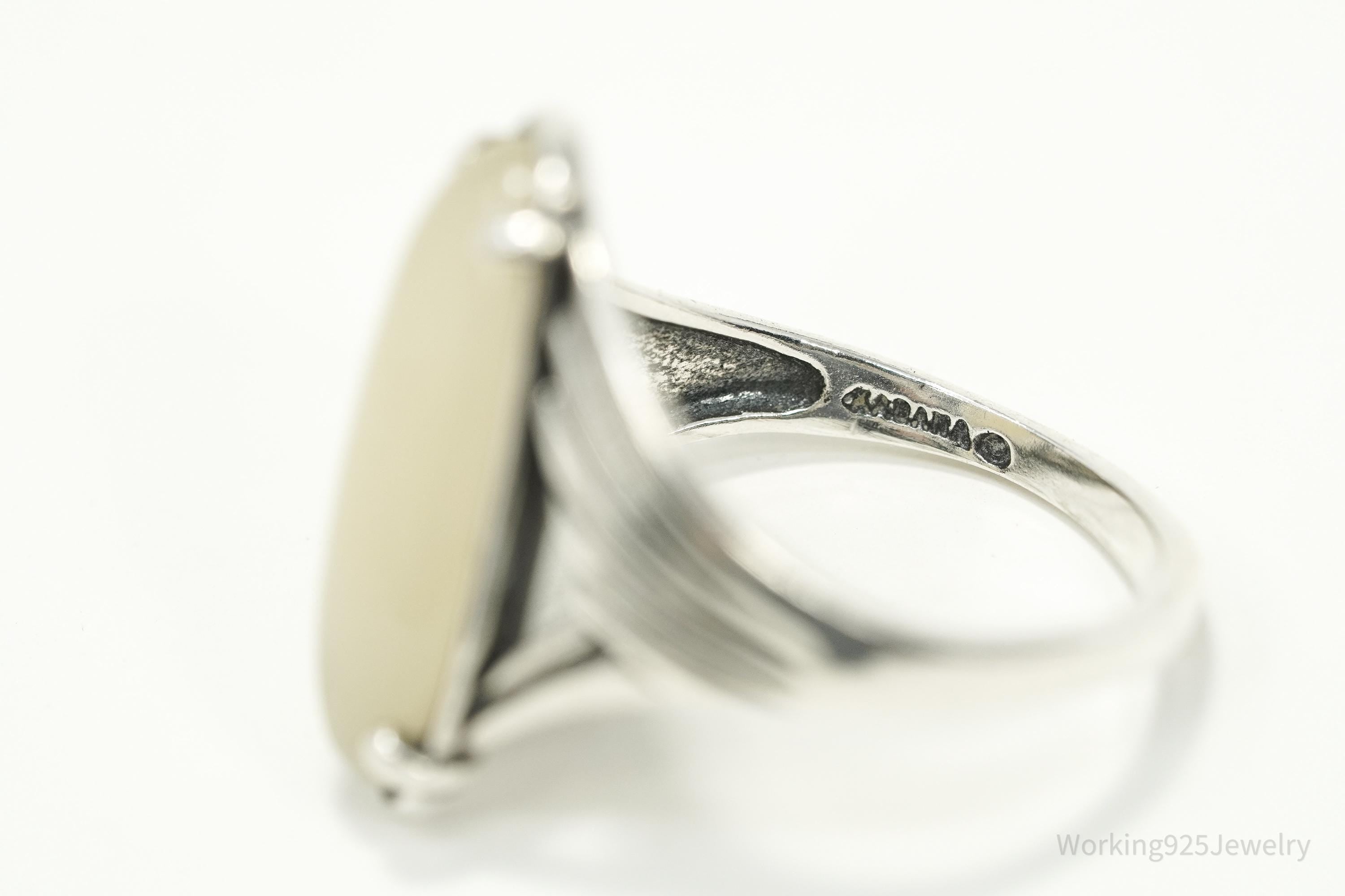 Vintage Designer KABANA White Jade Sterling Silver Ring - Size 9