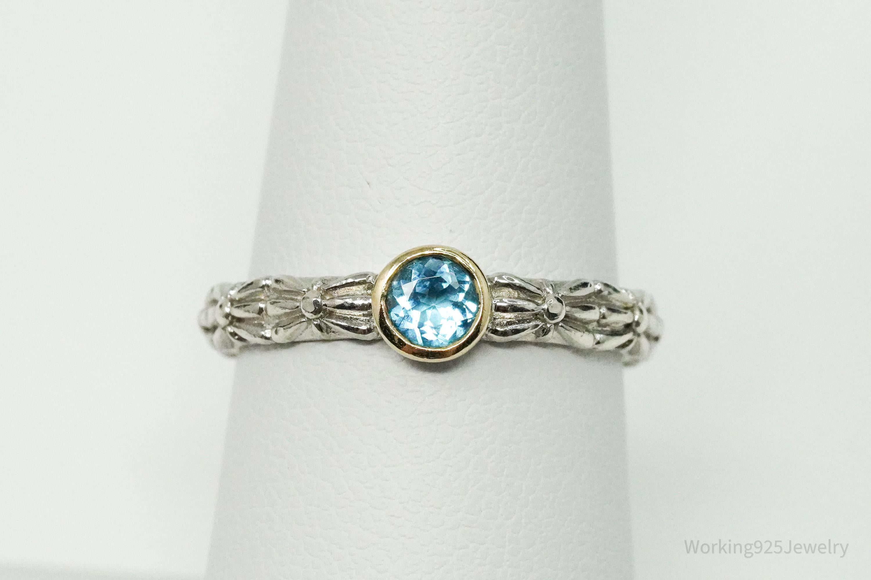 Vintage QCD Blue Topaz 14K Yellow Gold Sterling Silver Ring - Size 7