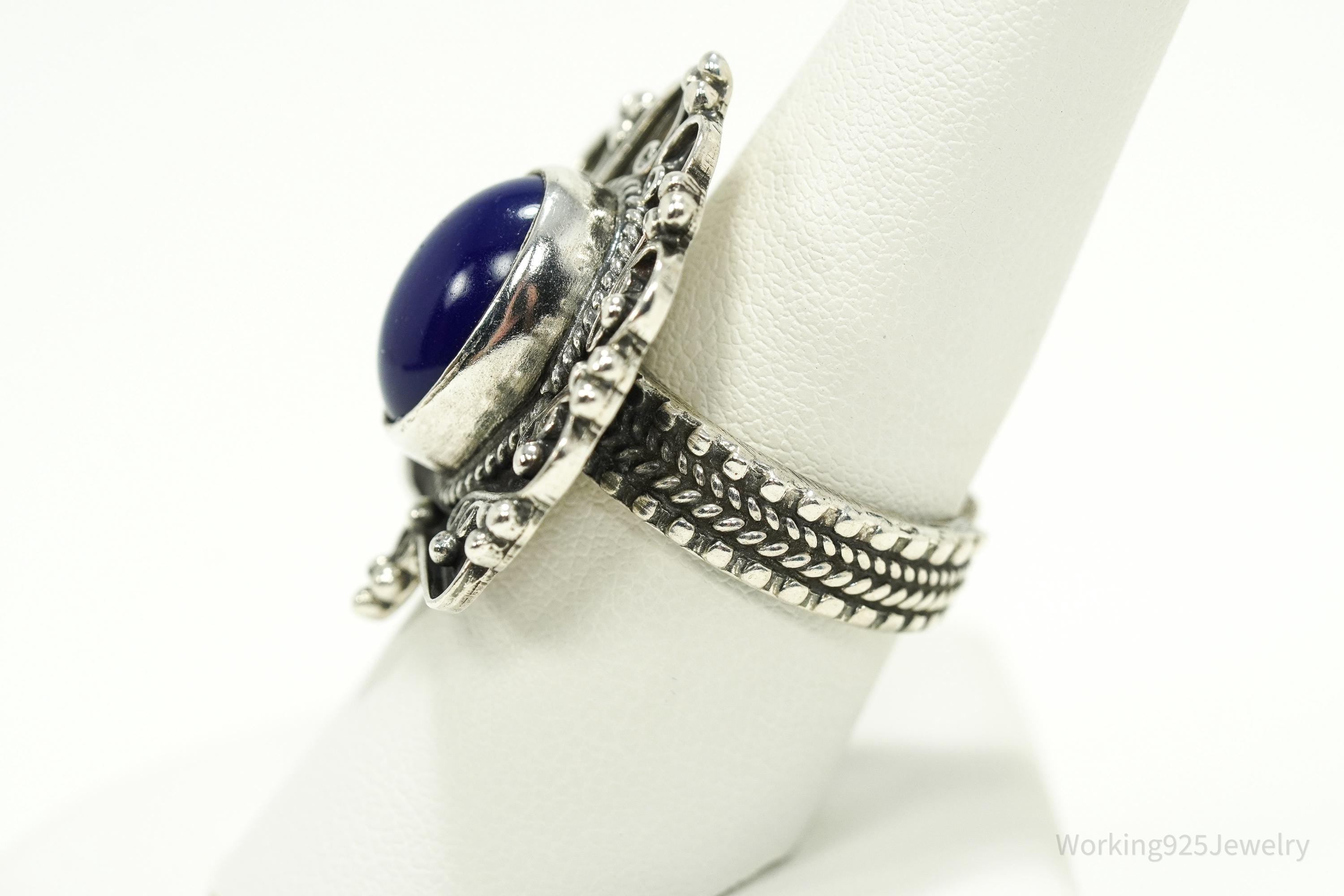 Vintage Egyptian Revival Style Blue Lapis Lazuli Silver Ring - Size 8.25