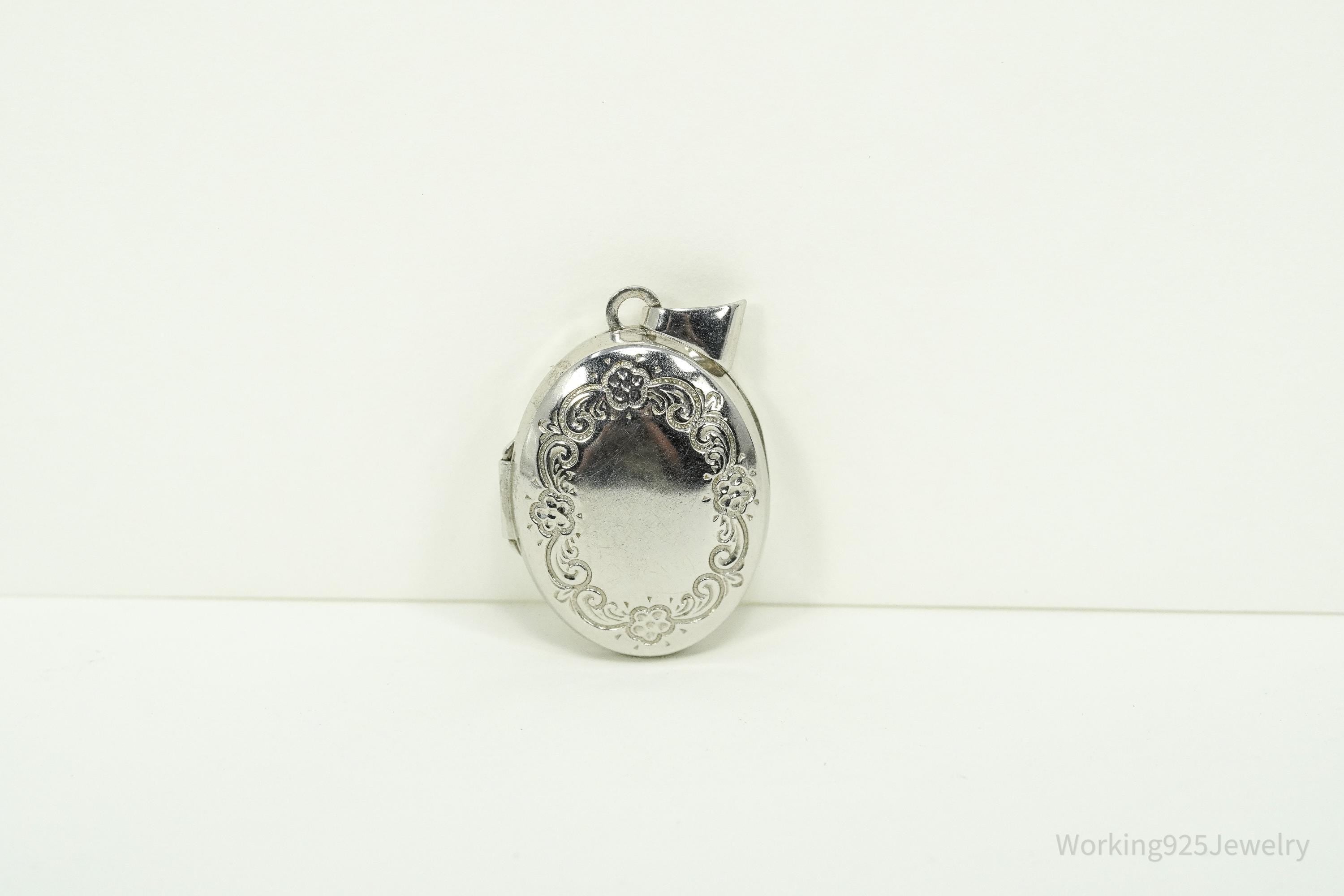 Vintage Flower Etched Oval Silver Locket Pendant 1 1/8"