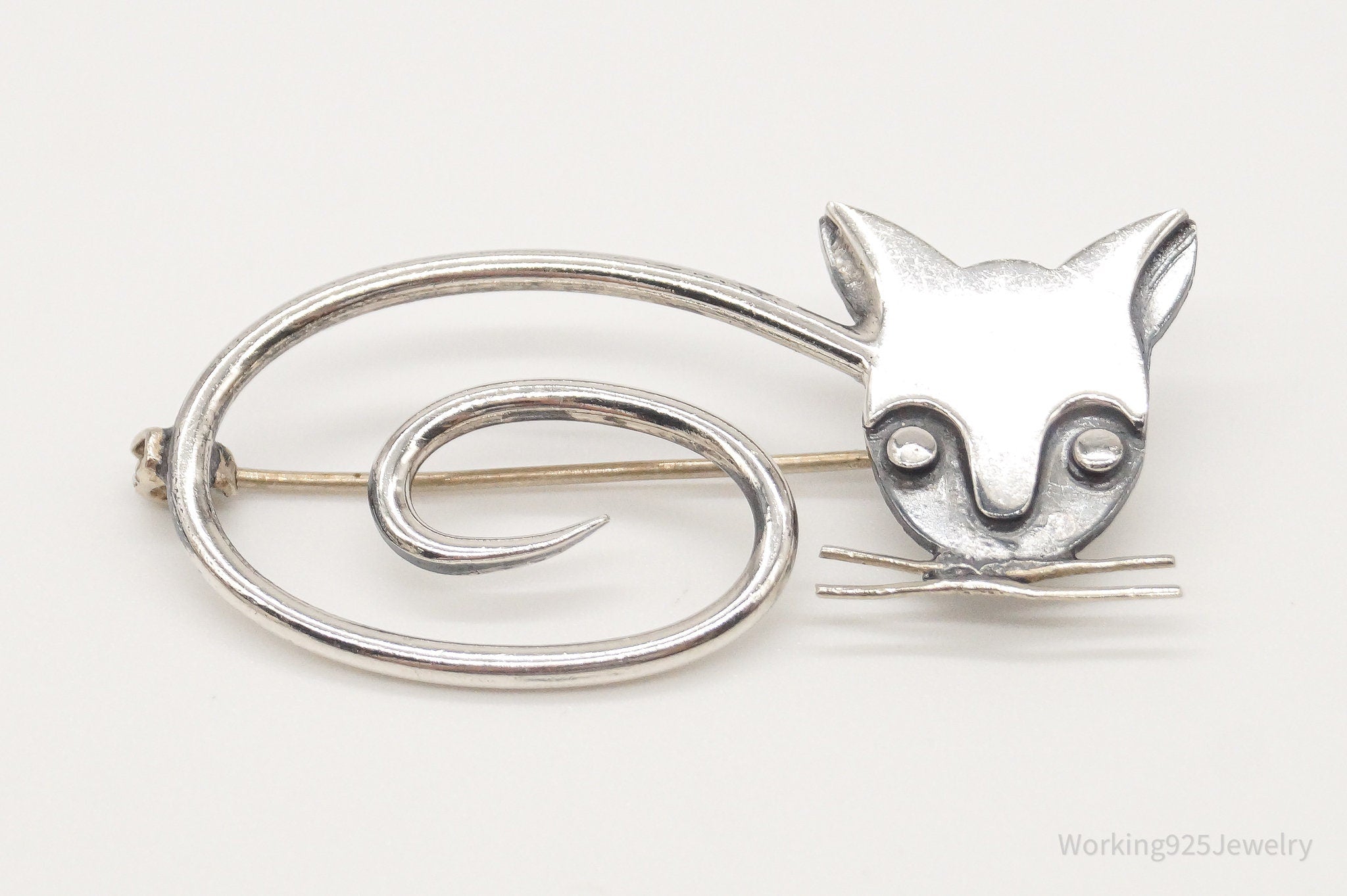 Vintage Taxco Designer DELFINO Abstract Cat Sterling Silver Brooch Pin