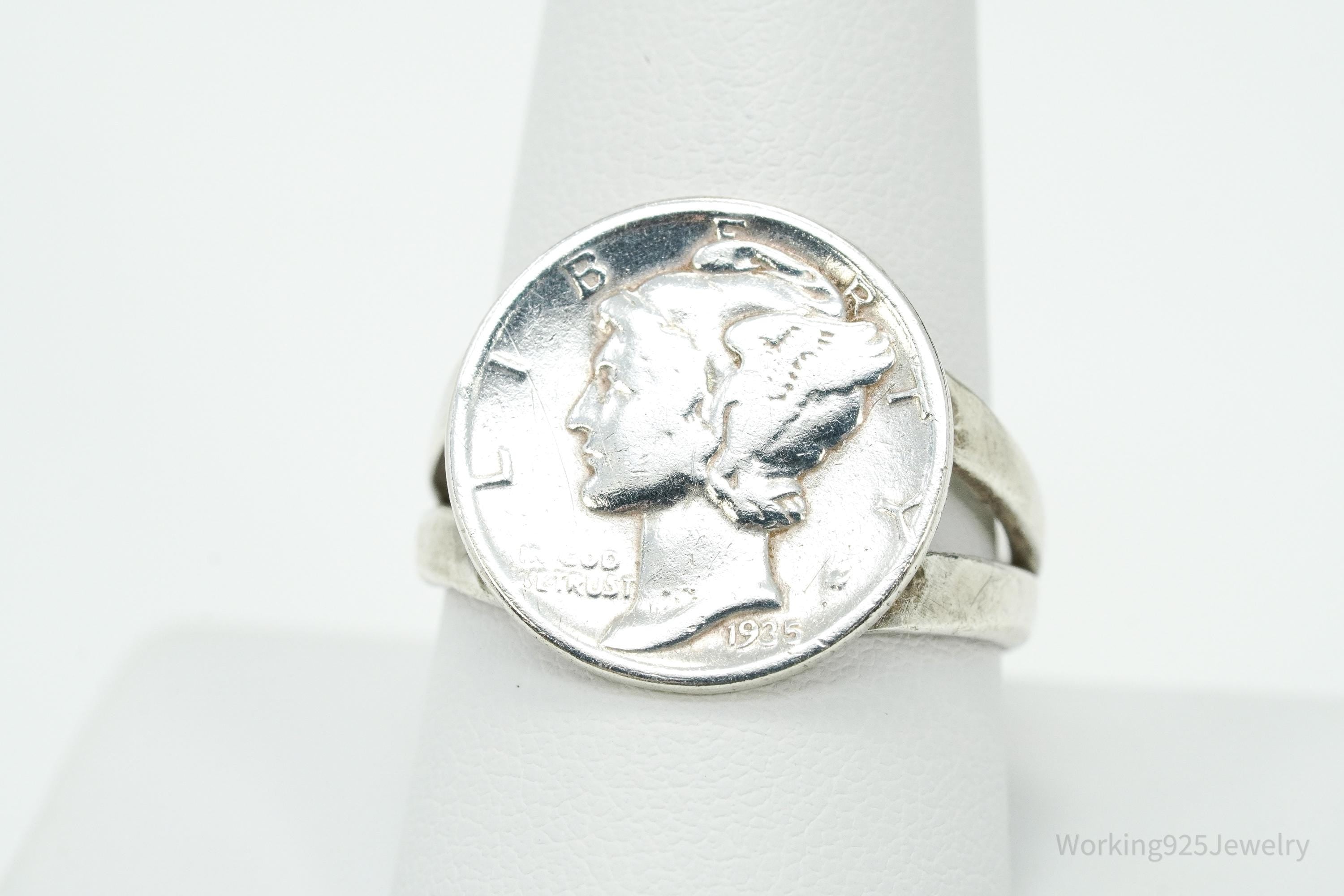 Vintage 1935 Mercury Dime Coin Silver Ring - Size 10.25