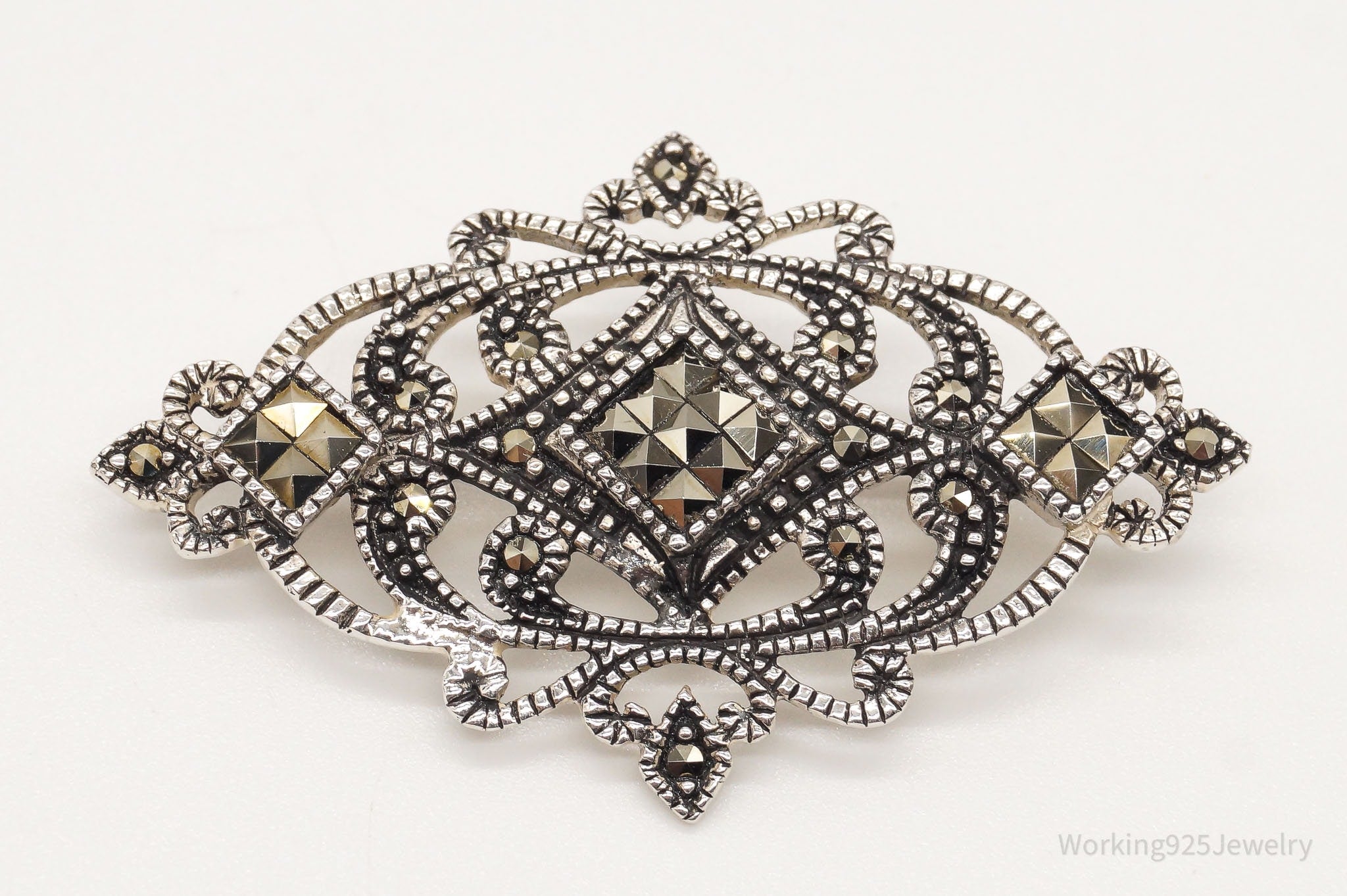 Vintage Marcasite Art Deco Sterling Silver Brooch Pin