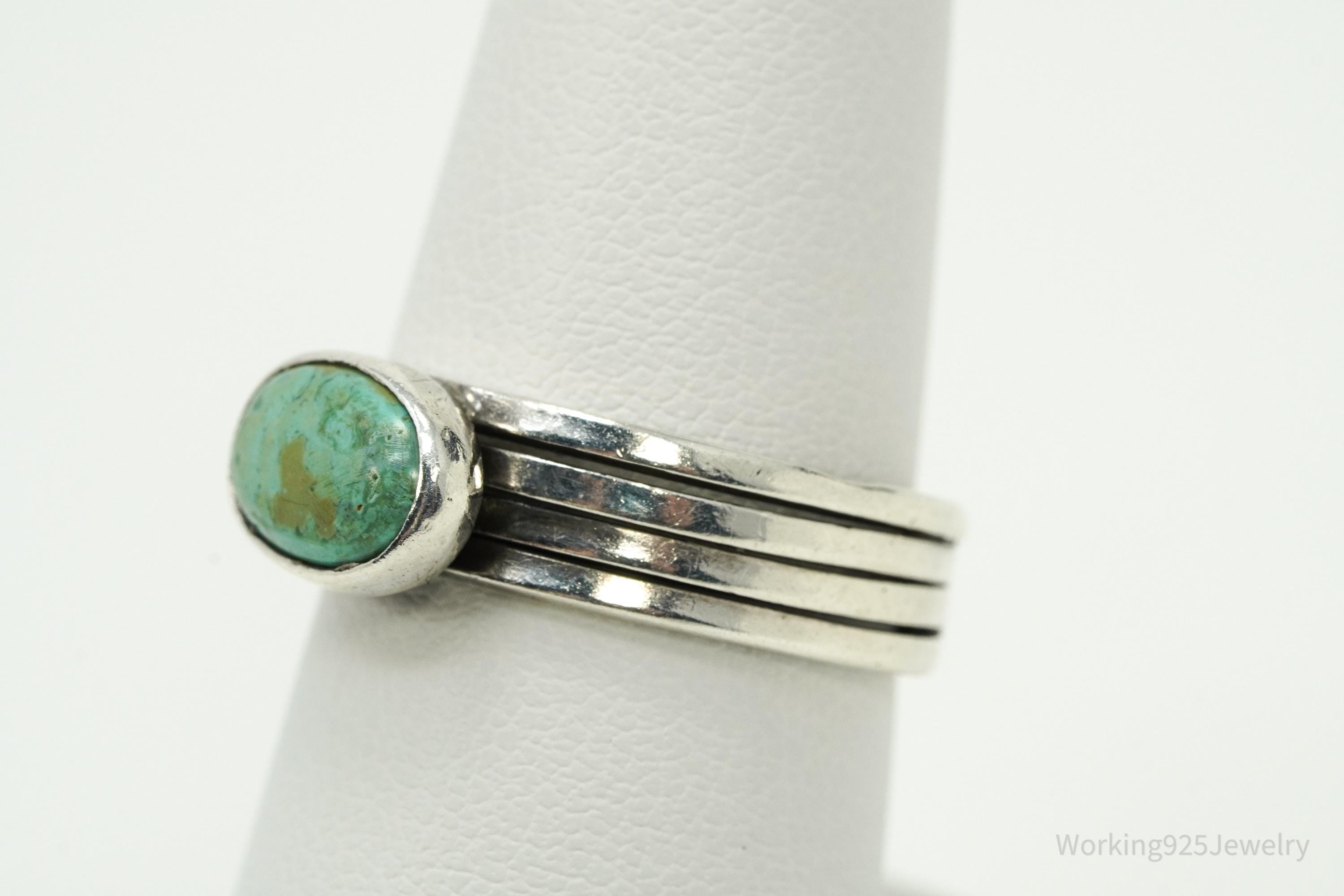Vintage Native American Style Turquoise Silver Band Ring - Size 7.5