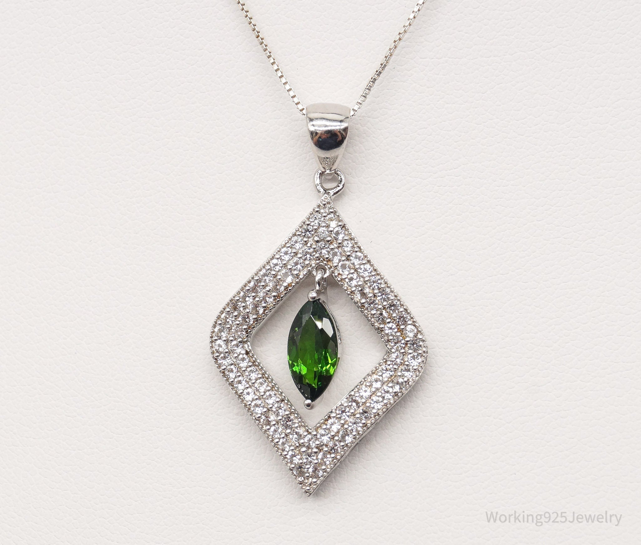 Vintage Lab Emerald Cubic Zirconia Sterling Silver Necklace