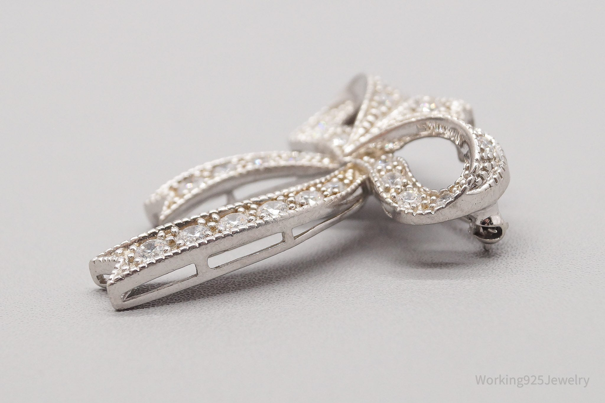 Vintage Diamonique Cubic Zirconia Sterling Silver Ribbon Bow Brooch Pin