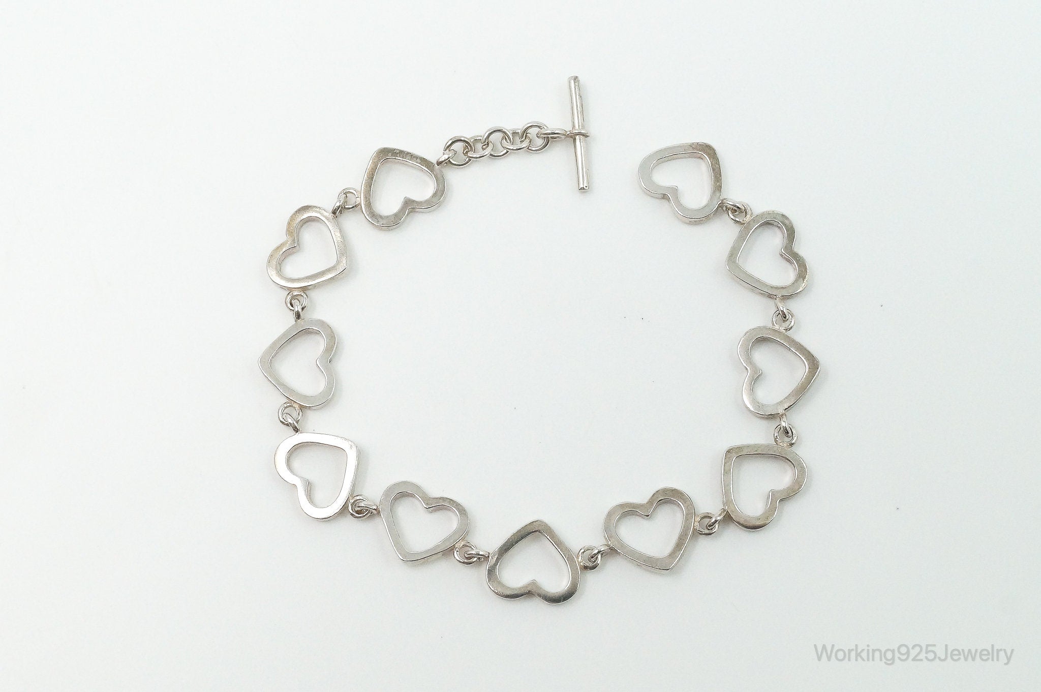 Vintage Open Heart Chain Link Sterling Silver Toggle Bracelet