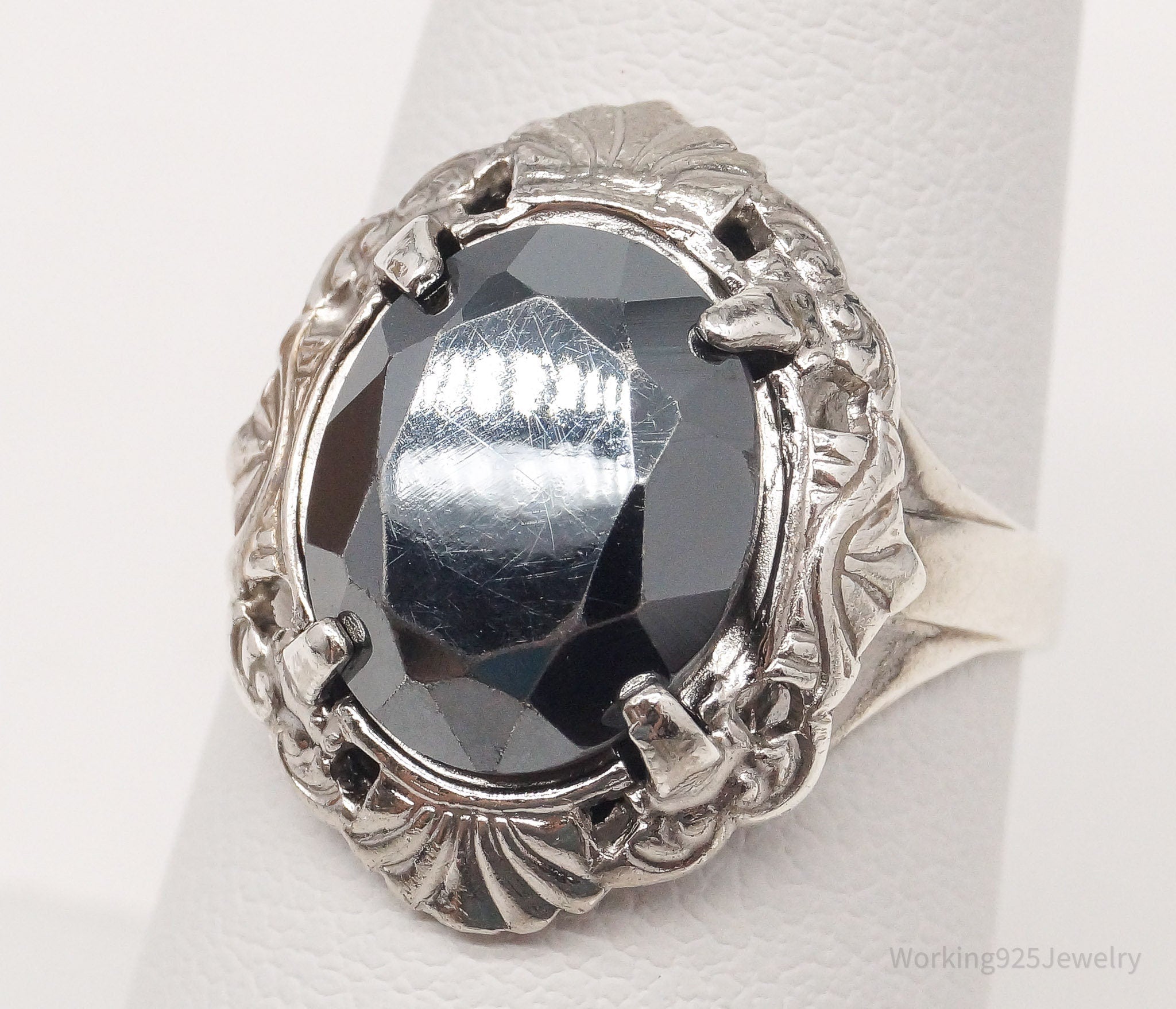 Antique Designer LSP Co Hematite Edwardian Sterling Silver Ring - Size 7