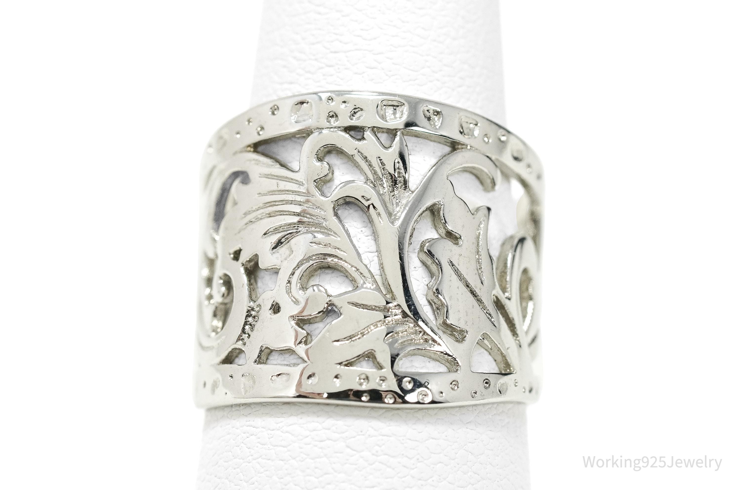 Vintage Wide Sterling Silver Floral Cigar Band Statement Ring – Size 7