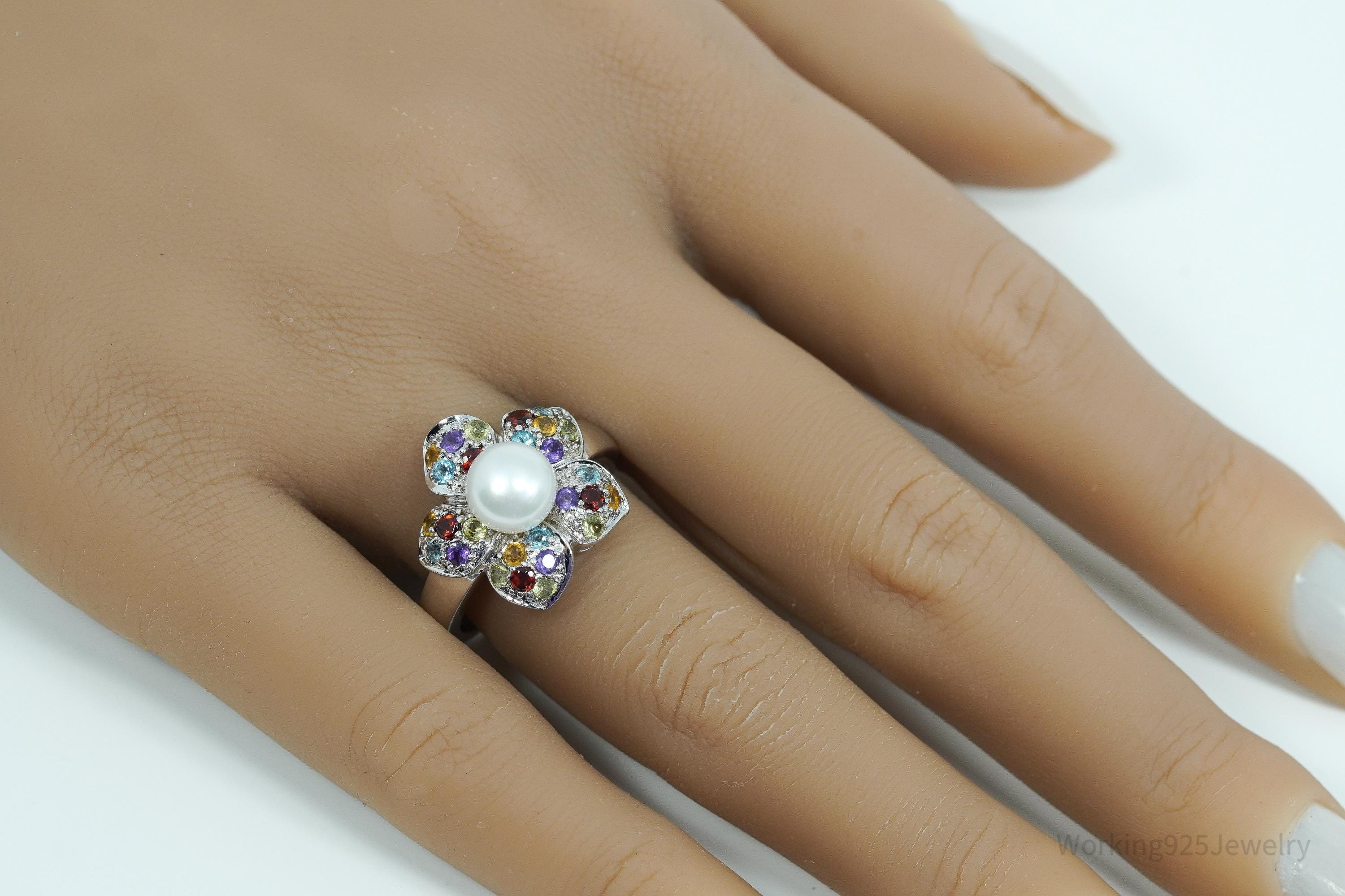 Vintage Designer Pearl & Multi Gem Sterling Silver Ring - Size 8